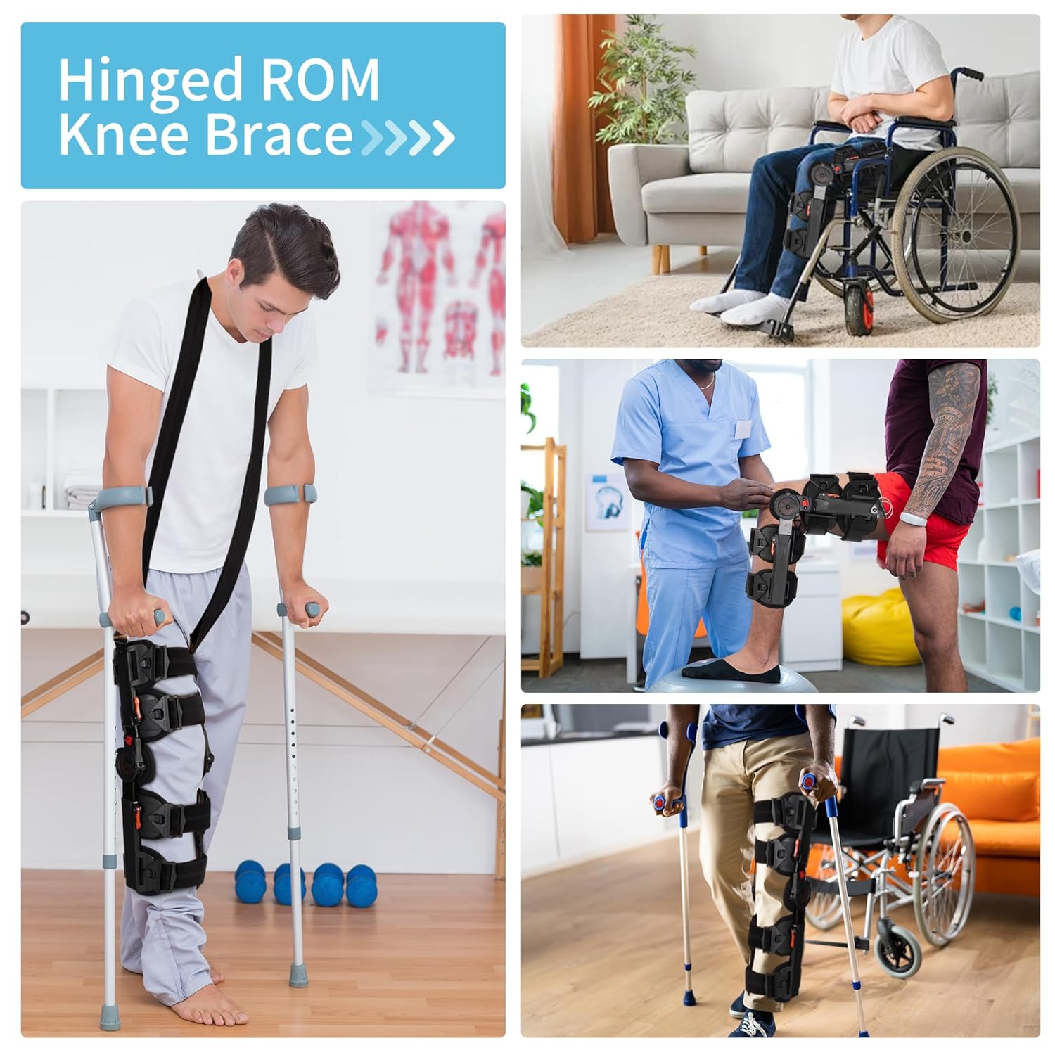 Hinged Knee Brace with Shoulder Strap, Post OP Medical Knee Stabilizer, Adjustable ROM Knee Support, for ACL, Post ACL and Cruciate Ligament Injury Rehabilitation Fit Right or Left Foot Unisex