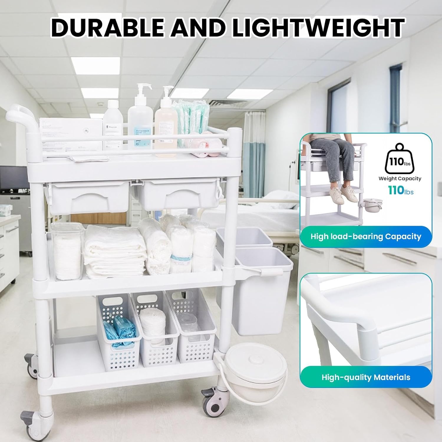 38.35 x 24.80 x 17.32 Medical Utility Cart, 3-Tier Medical Mobile Cart with 3 Trash Cans, Medical Trolley Cart with 2 Drawers, Mobile Medical Cart Suitable for Home, Barber Shop, Hospital.