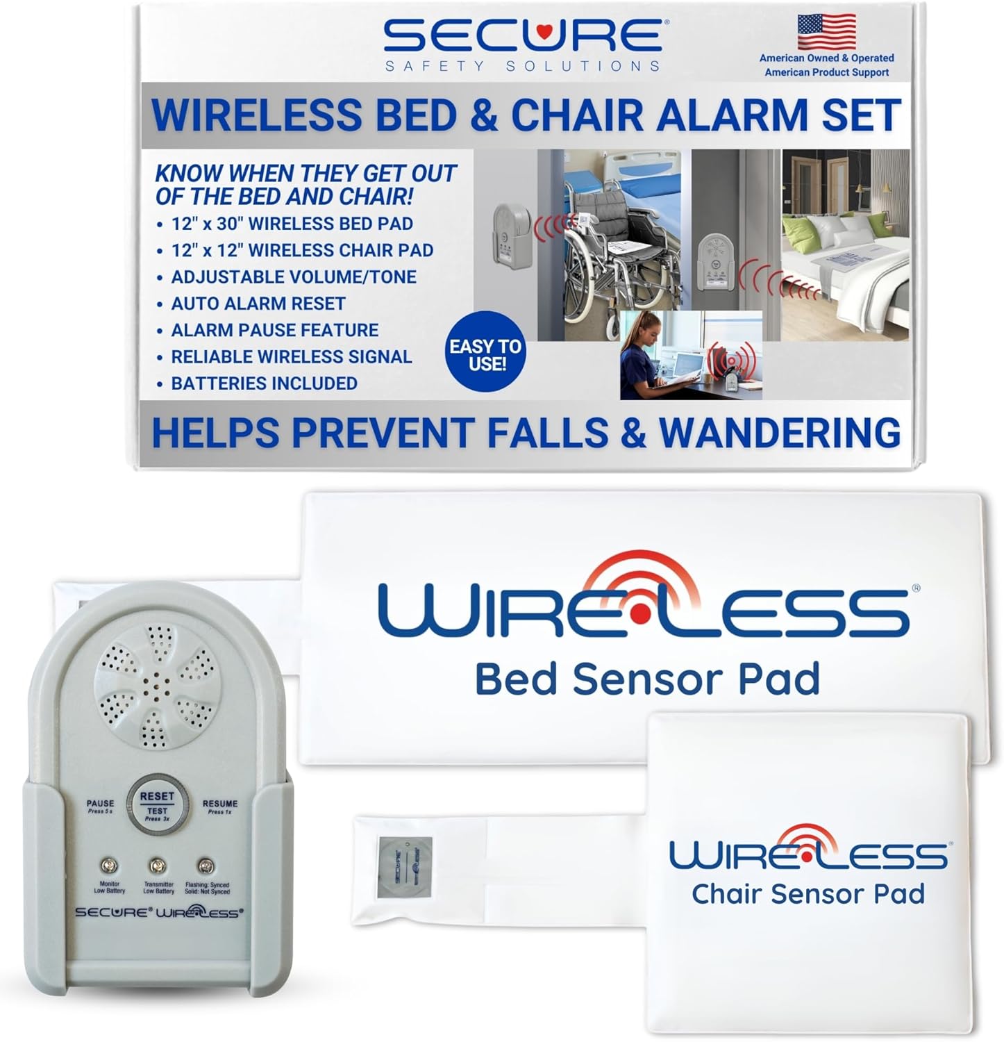 Secure Safety Solutions Wireless Chair and Bed Alarm Set - 12x12 and 12x30 Cordless Sensor Pads - Elderly Fall Prevention, Caregiver Alert System, Dementia Patient Safety, Seniors Monitoring
