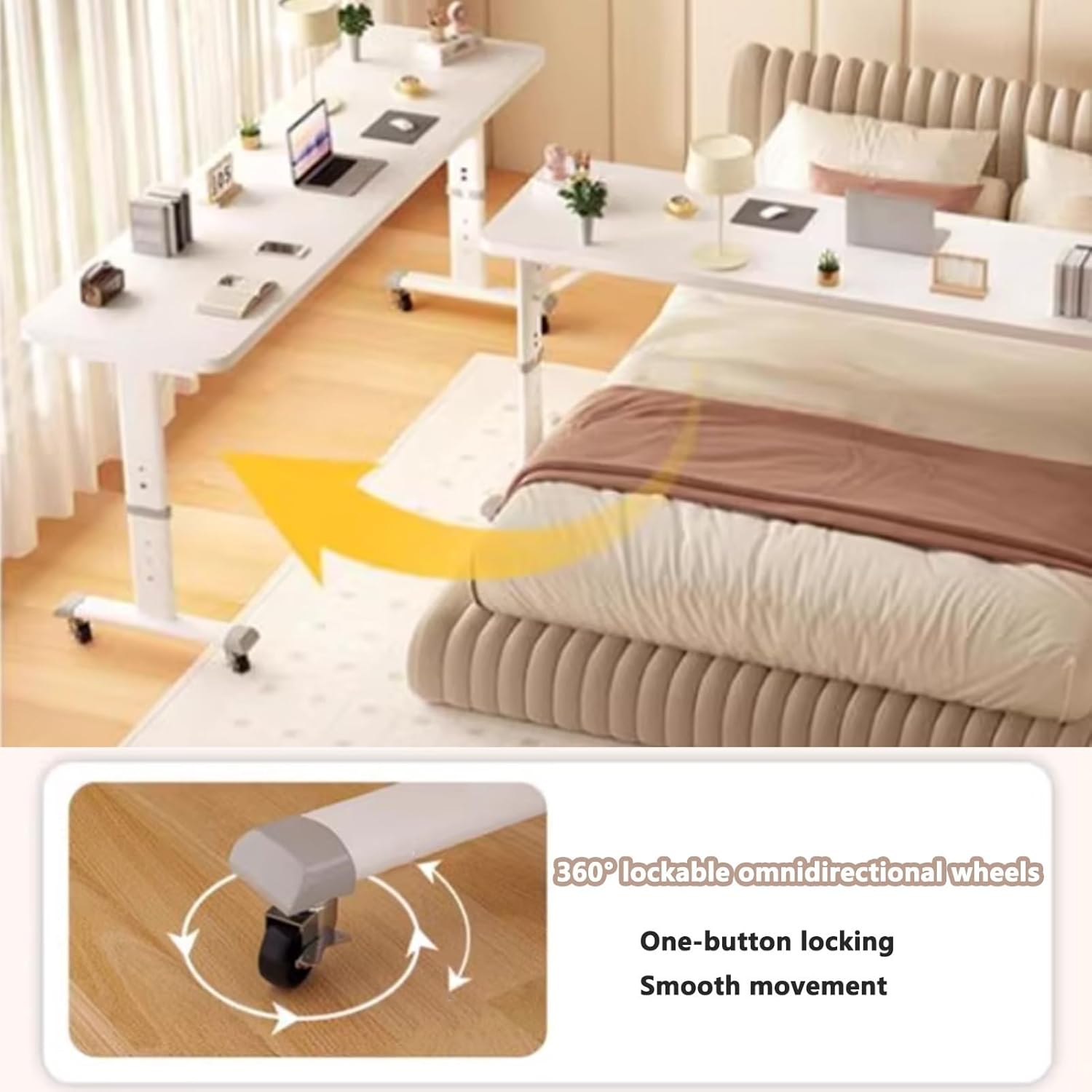 Overbed Table with Swivel Wheels, Bedside Over The Bed Table Adjustable Height, Standing Laptop Cart for Elderly, Hospital Patients, Home(210x60cm/82.6x23.6in)