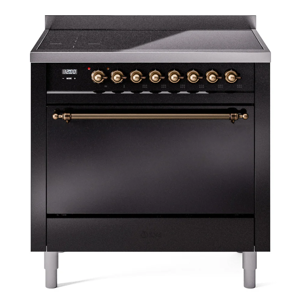 ILVE 36-Inch Nostalgie II Induction Range with Solid Door Oven in Glossy Black with Bronze Trim (UPI366QNMPBKB)