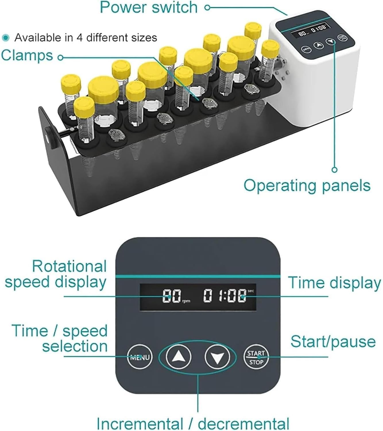 Electric Rotary Mixer with Adjustable Speed and Timing, 7 Clamps Included, Ideal for Medical and Agricultural Laboratory Use