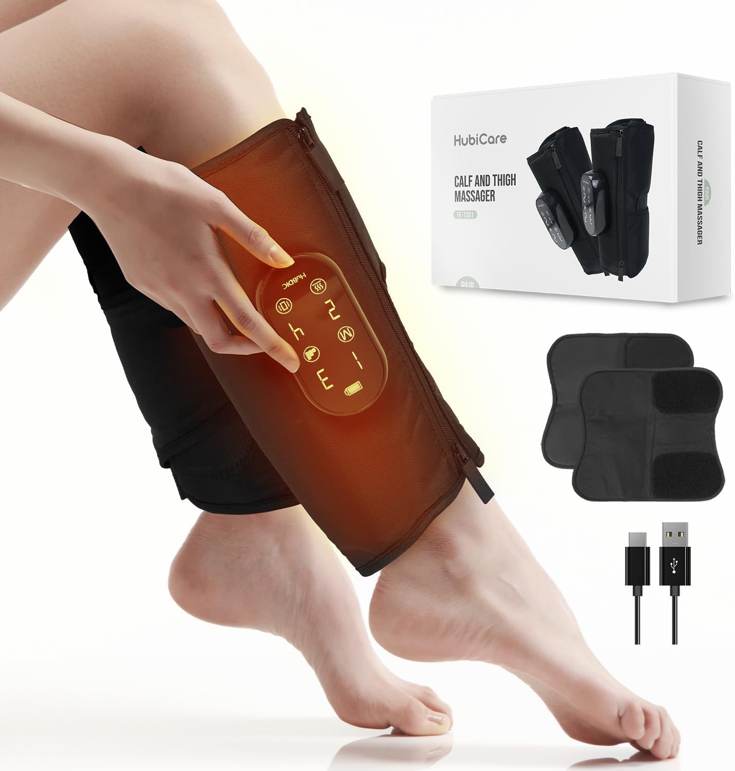 HubiCare Air Compression Leg Massager for Different Needs for Foot, Calf and Thigh, for Circulation and Pain Relief, Wireless Rechargeable Calf Air Compression with Heat, 4 Modes 3 Intensities (Pair)