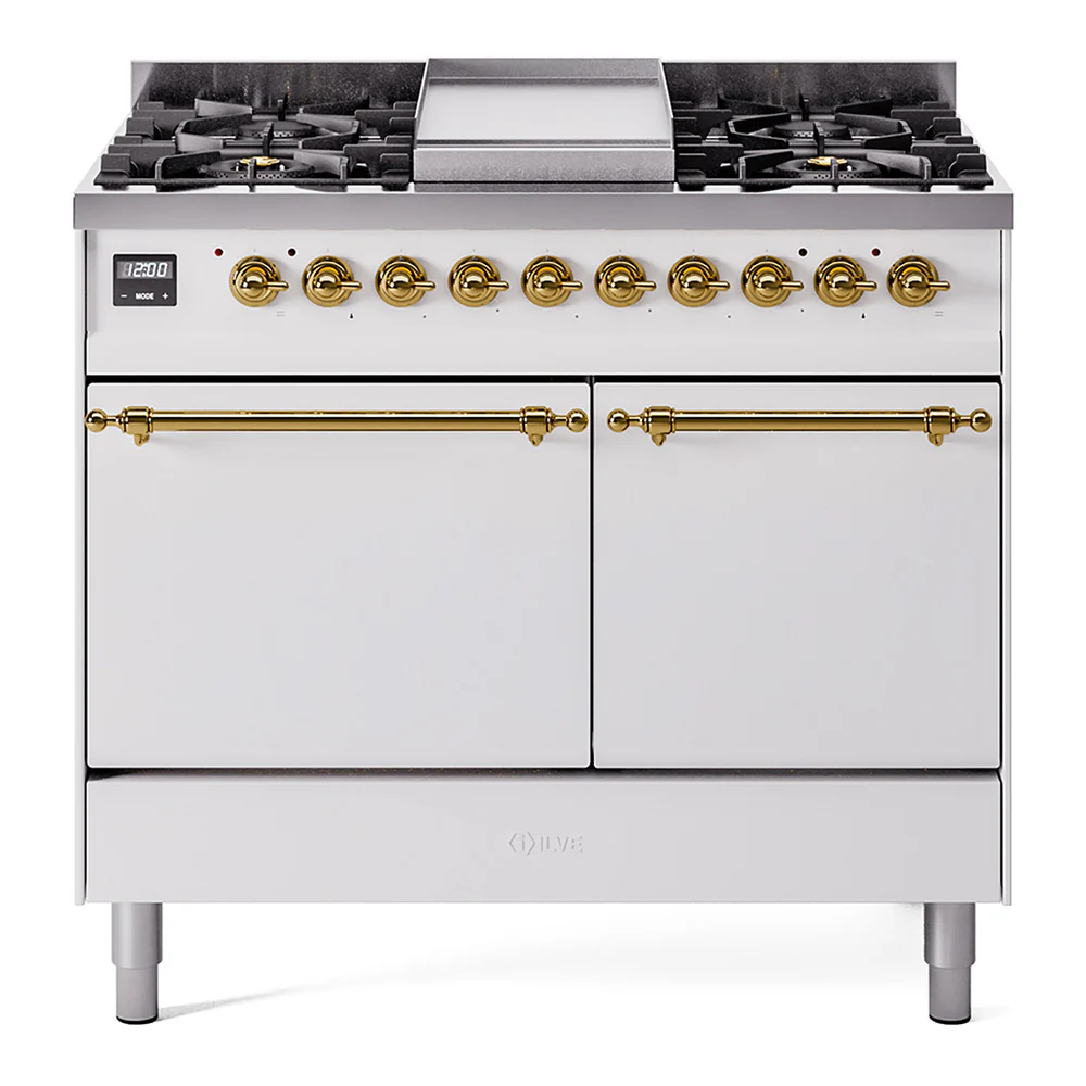 ILVE 40-Inch Nostalgie II Dual Fuel Range with 6 Burners, Griddle and Solid Door Oven in White with Brass Trim (UPD40FQNMPWHG)