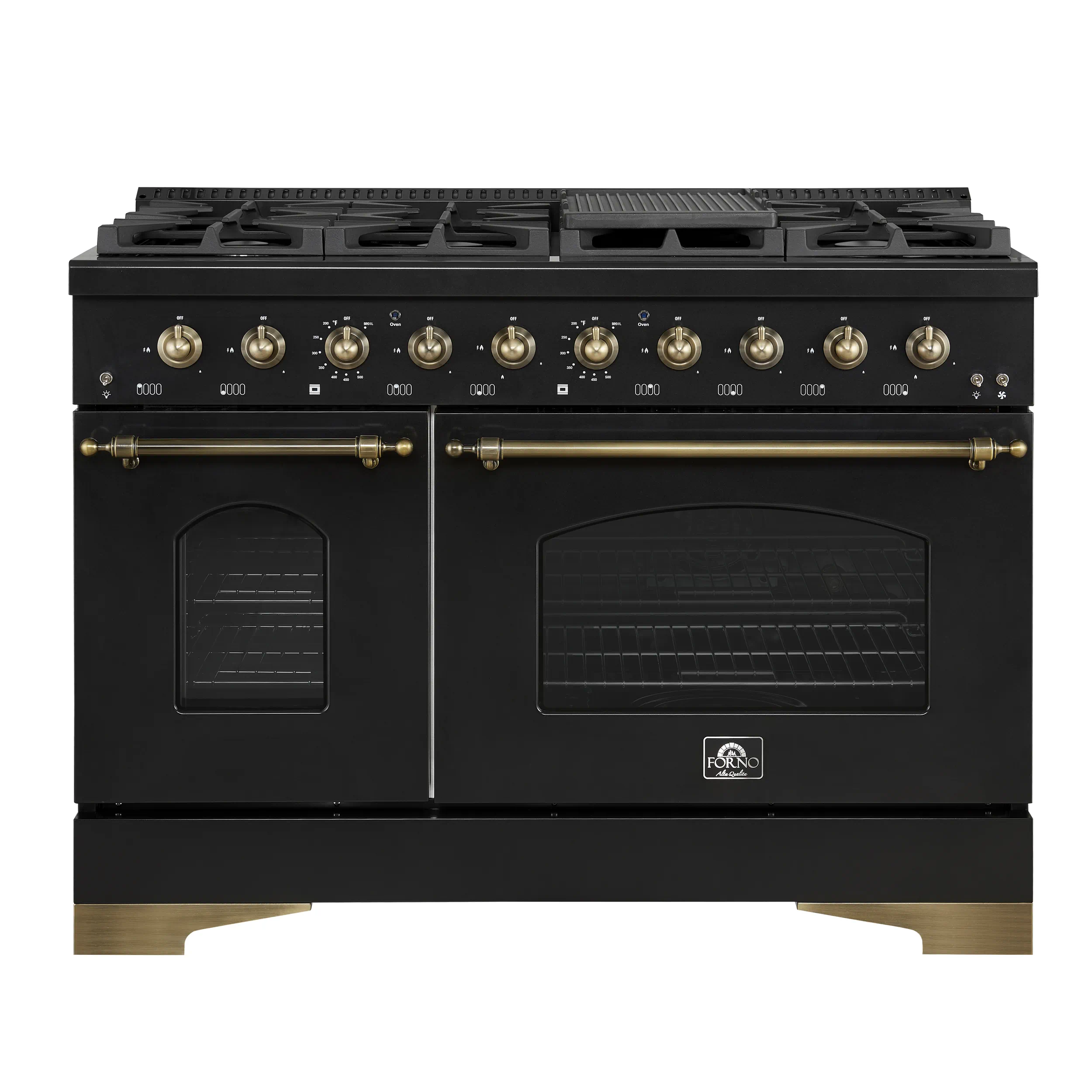 Forno Antico 48-inch Dual Fuel Range with 8 Gas Burner Cooktop and 5.5 Cu.Ft. Electric Convection Oven in Black with Antique Brass Trim (FFSGS6113-48BLK)