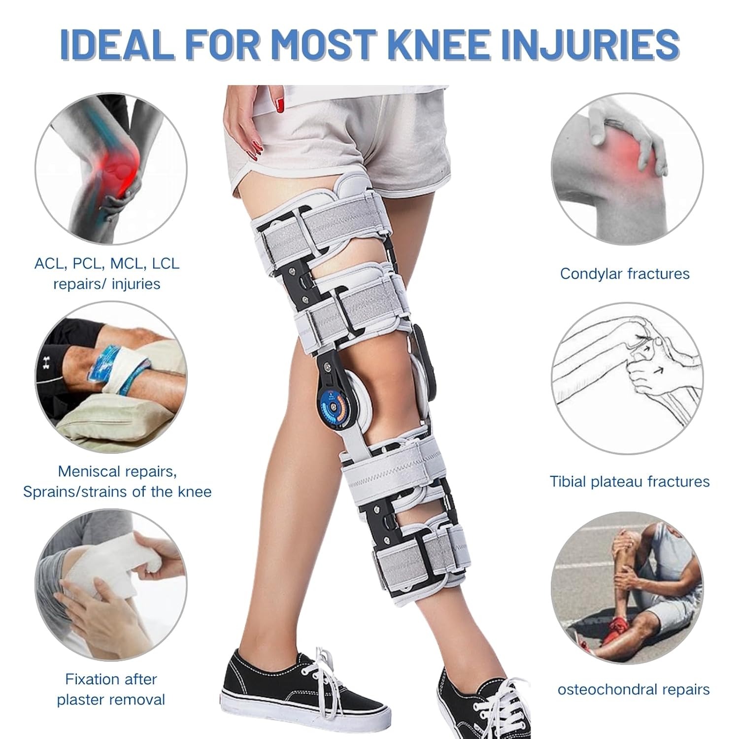 Hinged ROM Knee Brace with Side Stabilizers, Adjustable Post Op Knee Immobilizer for ACL, PCL and MCL Injury, Medical Knee Orthopedic Support, Leg Stabilizer for Man and Women