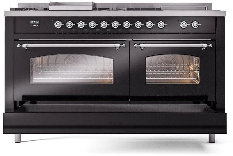 ILVE Nostalgie II 60-Inch Dual Fuel Range with 7 Burners, Griddle, & French Top with Triple Glass Door Oven in Glossy Black with Chrome Trim (UP60FSNMPBKC)
