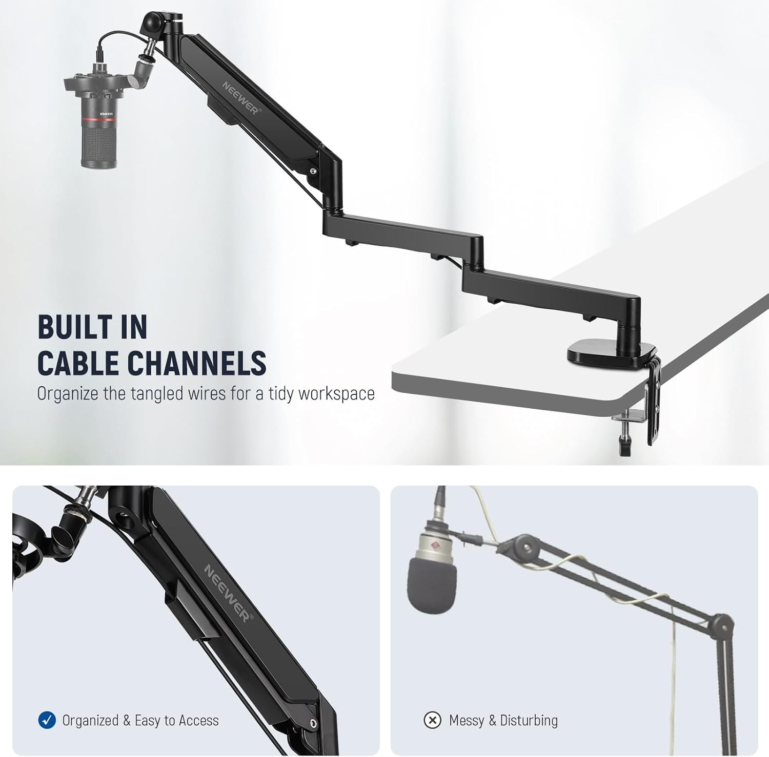 NEEWER MS002 Low Profile Desk Mic Boom Arm Stand with 360° Swivel Adjustable Pneumatic Damping Cable Management Cleaning Cloth, Desktop Mount Holder Compatible with Shure MV7 SM7B Blue Yeti Microphone