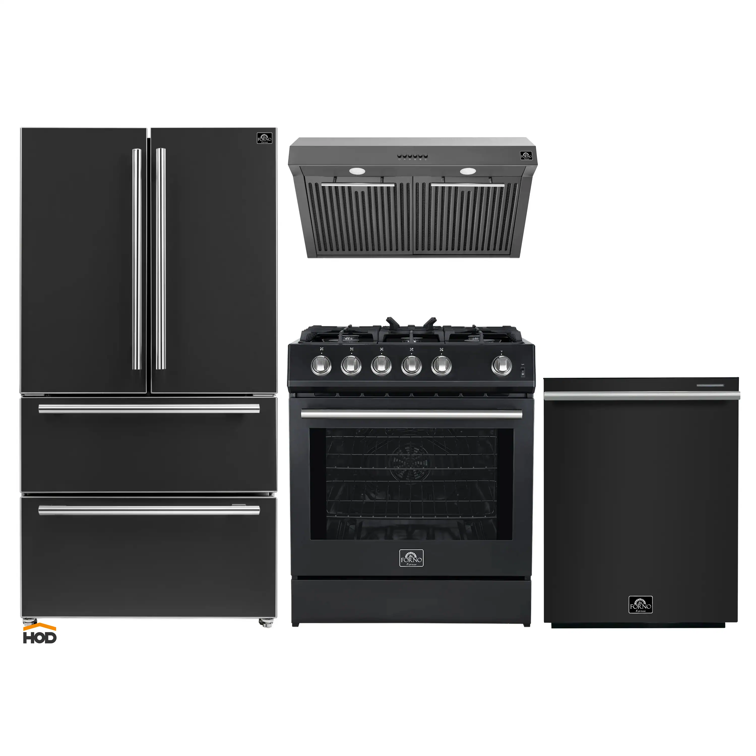 Forno 4-Piece Appliance Package - 30-Inch Gas Range, Under Cabinet Range Hood, Refrigerator, and Dishwasher in Black with Stainless Steel Trim