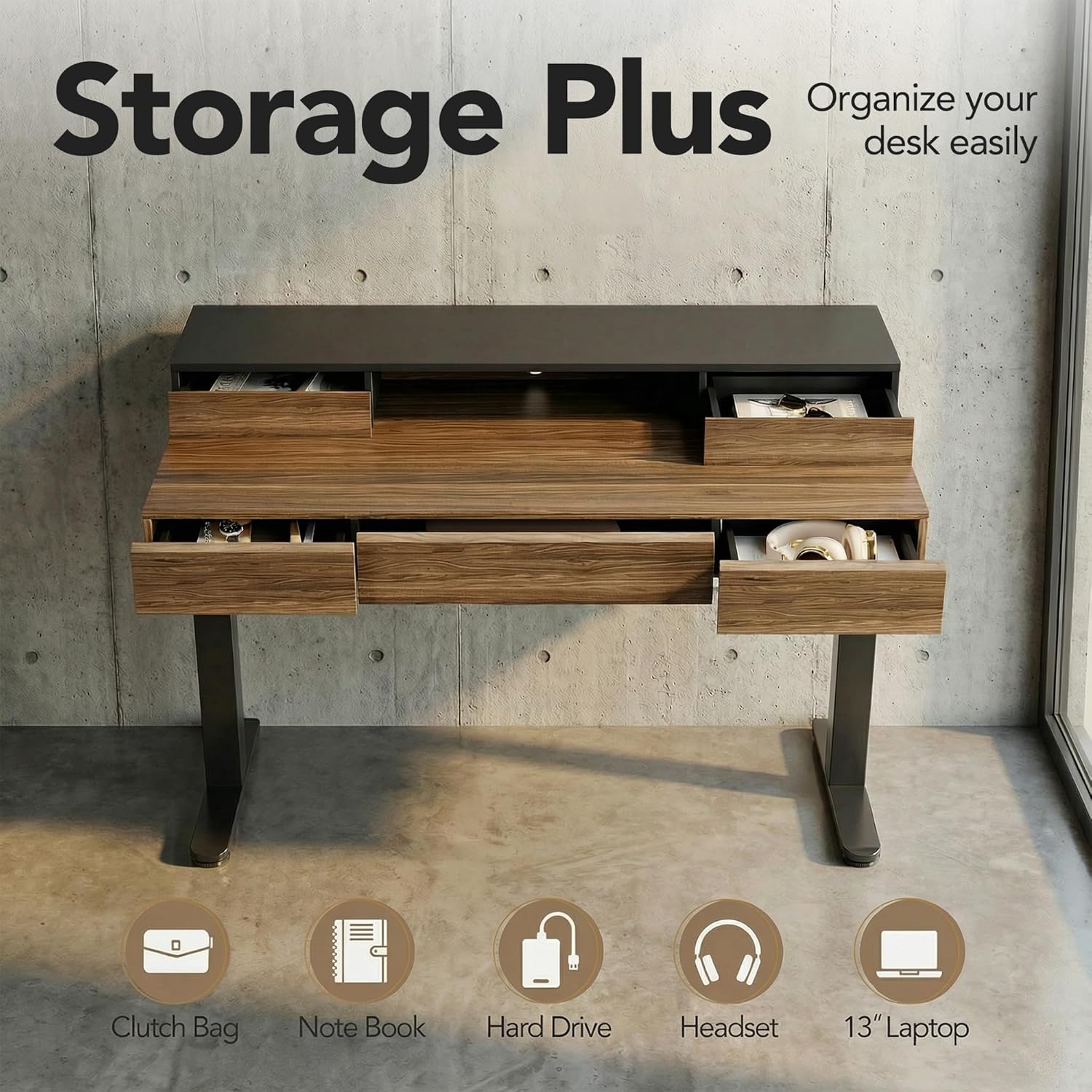 ErGear Electric Standing Desk with 5 Solid Wood Drawers, 48 x 26 Inches Whole Piece Desktop, with Desktop Riser Stand, Compatible with C-Clamp Monitor Arms, Modern Office Desk, Dark Walnut