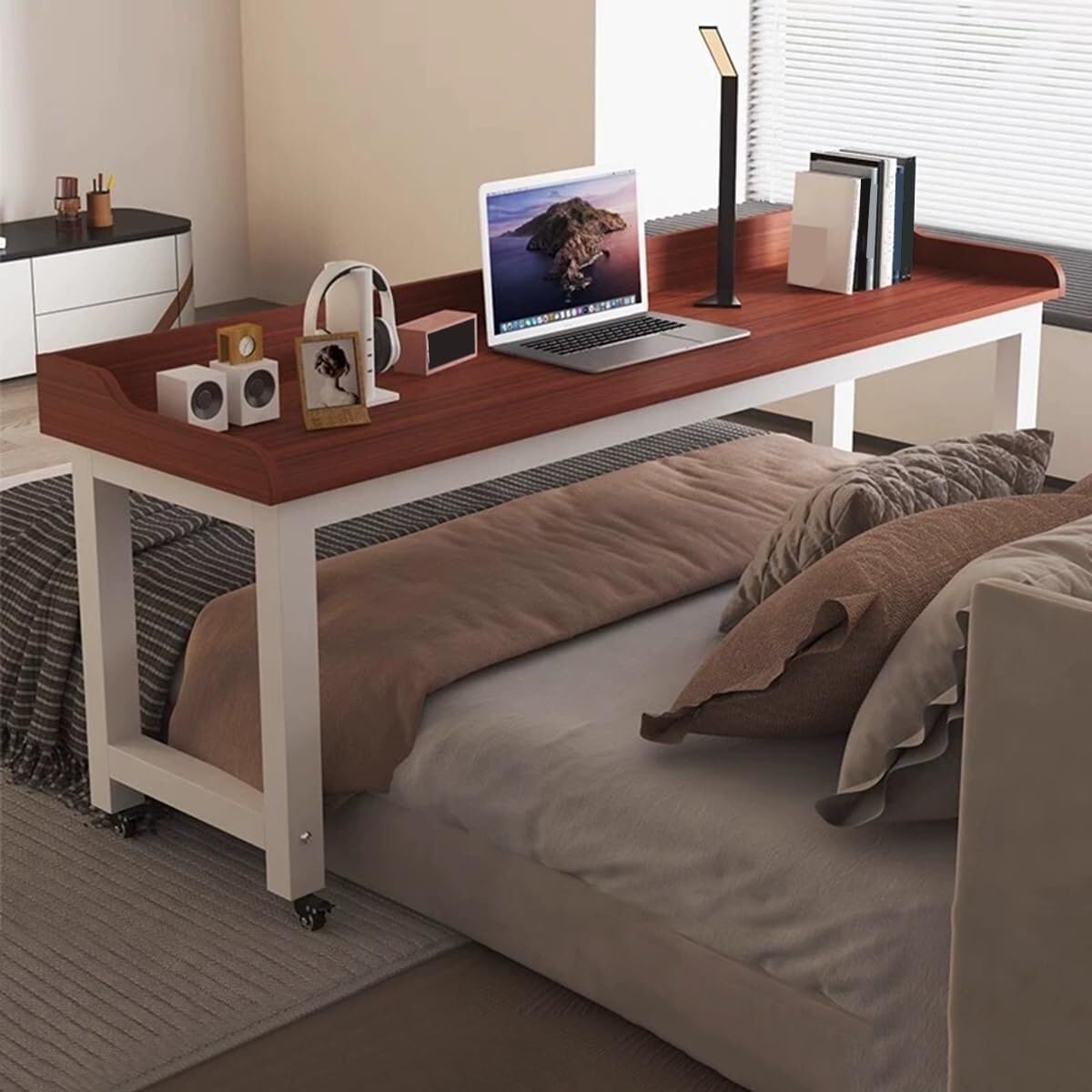 Overbed Table with 360° Wheels, Standing Workstation Laptop Cart, Mobile Computer Desk, Cross Bed Table for Hospital and Home
