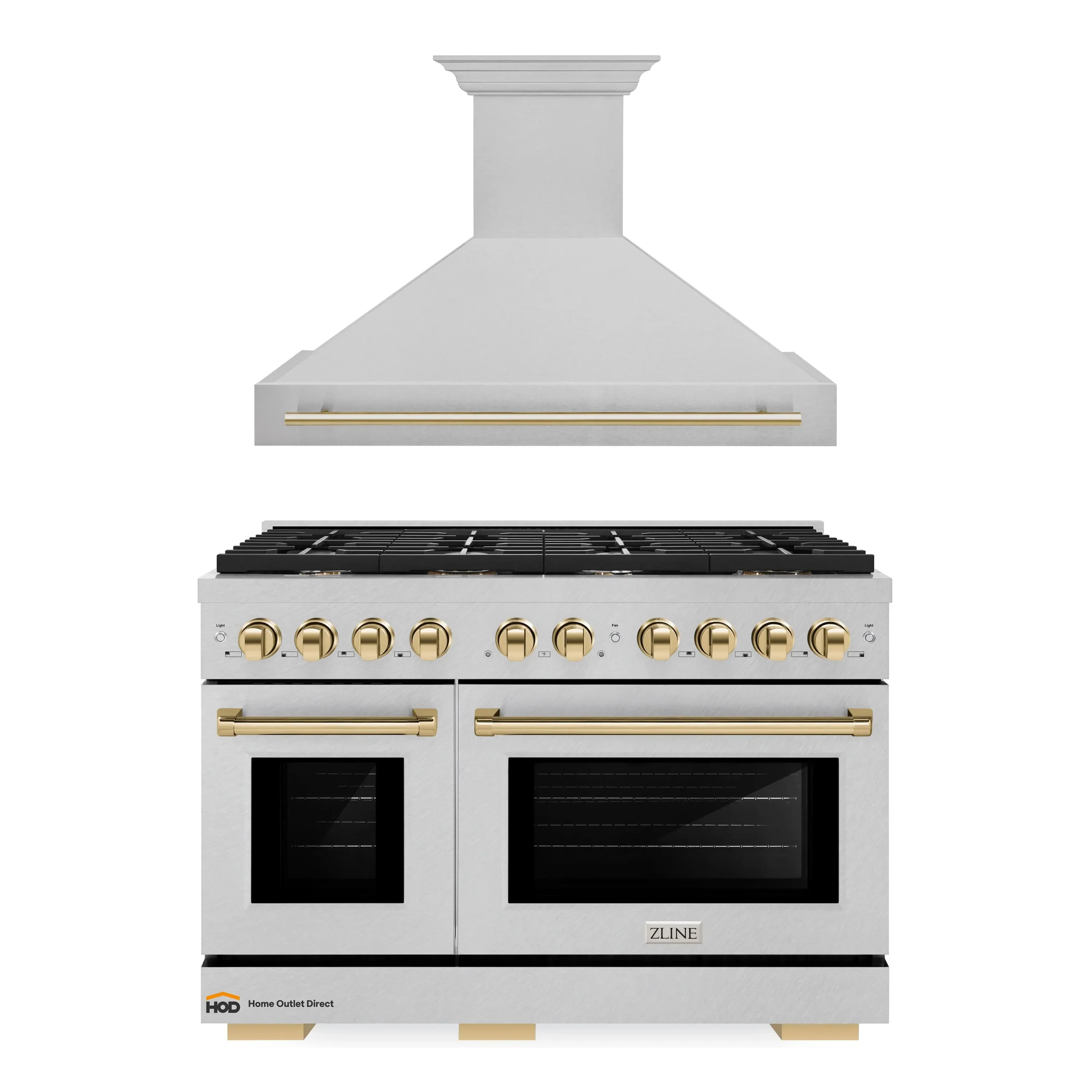 ZLINE Autograph Edition 2-Piece Appliance Package - 48-Inch Gas Range & Wall Mounted Range Hood in Satin Stainless Steel with Gold Trim (2AKPR-SGRSRH48-G)