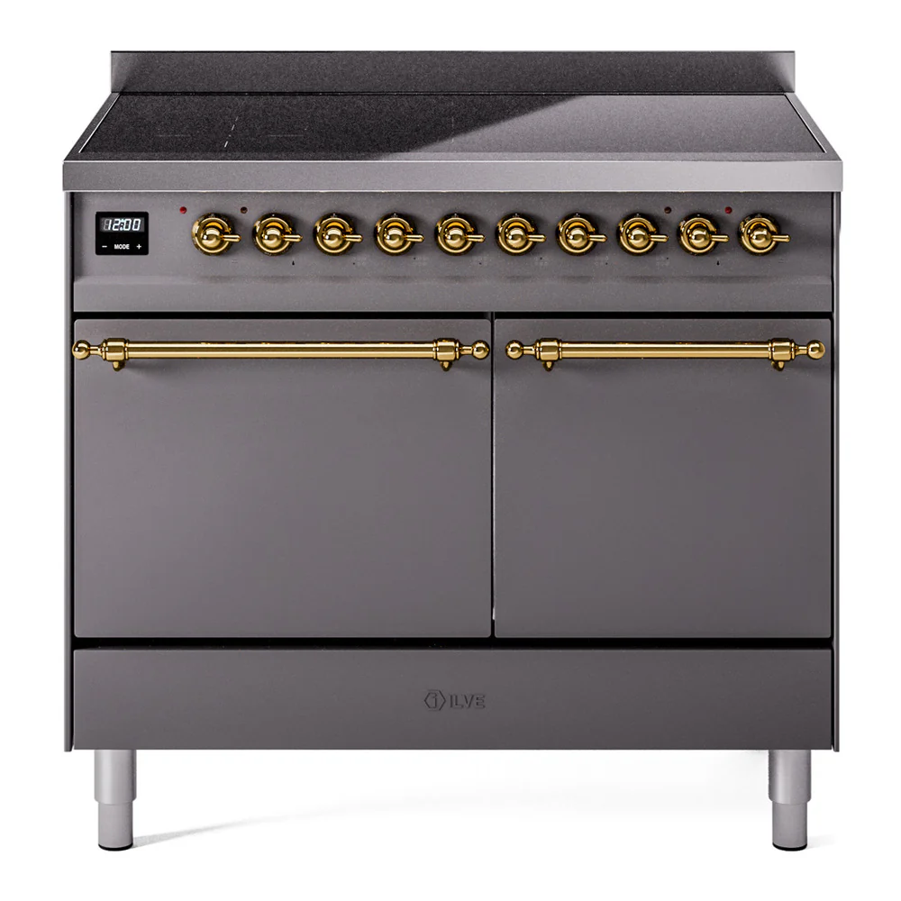 ILVE 40-Inch Nostalgie II Induction Range with Solid Door Oven in Matte Graphite with Brass Trim (UPDI406QNMPMGG)