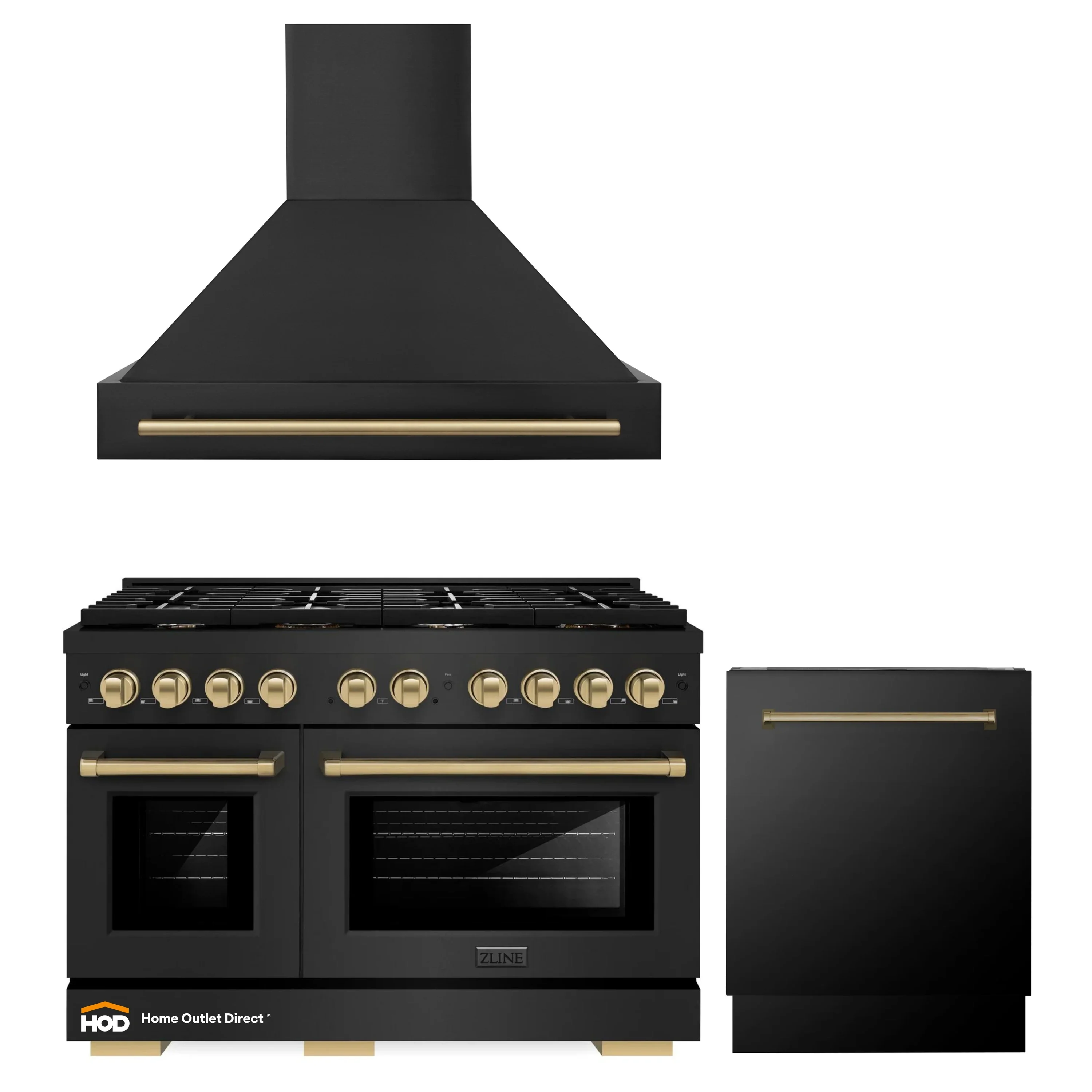 ZLINE Autograph Edition 3-Piece Appliance Package - 48-Inch Gas Range, Wall Mounted Range Hood, & 24-Inch Tall Tub Dishwasher in Black Stainless Steel with Champagne Bronze Trim (3AKPR-SGRBRHDWV48-CB)
