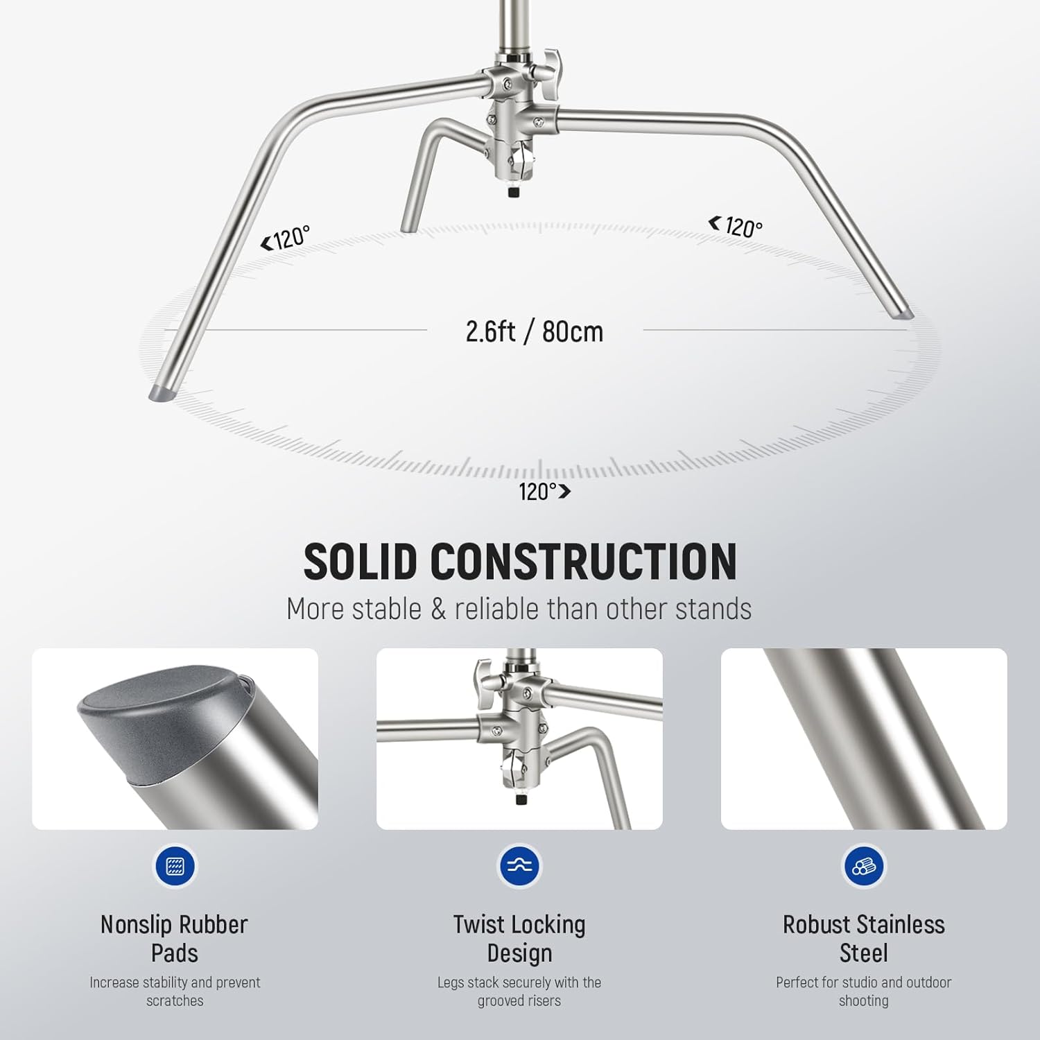 NEEWER Basics 100% Stainless Steel Heavy Duty C Stand with Boom Arm, Max 10.5ft/320cm Photography Light Stand, 4.2ft/128cm Holding Arm, 2 Grip Heads for Studio Monolight Softbox Reflector, SC320 Lite