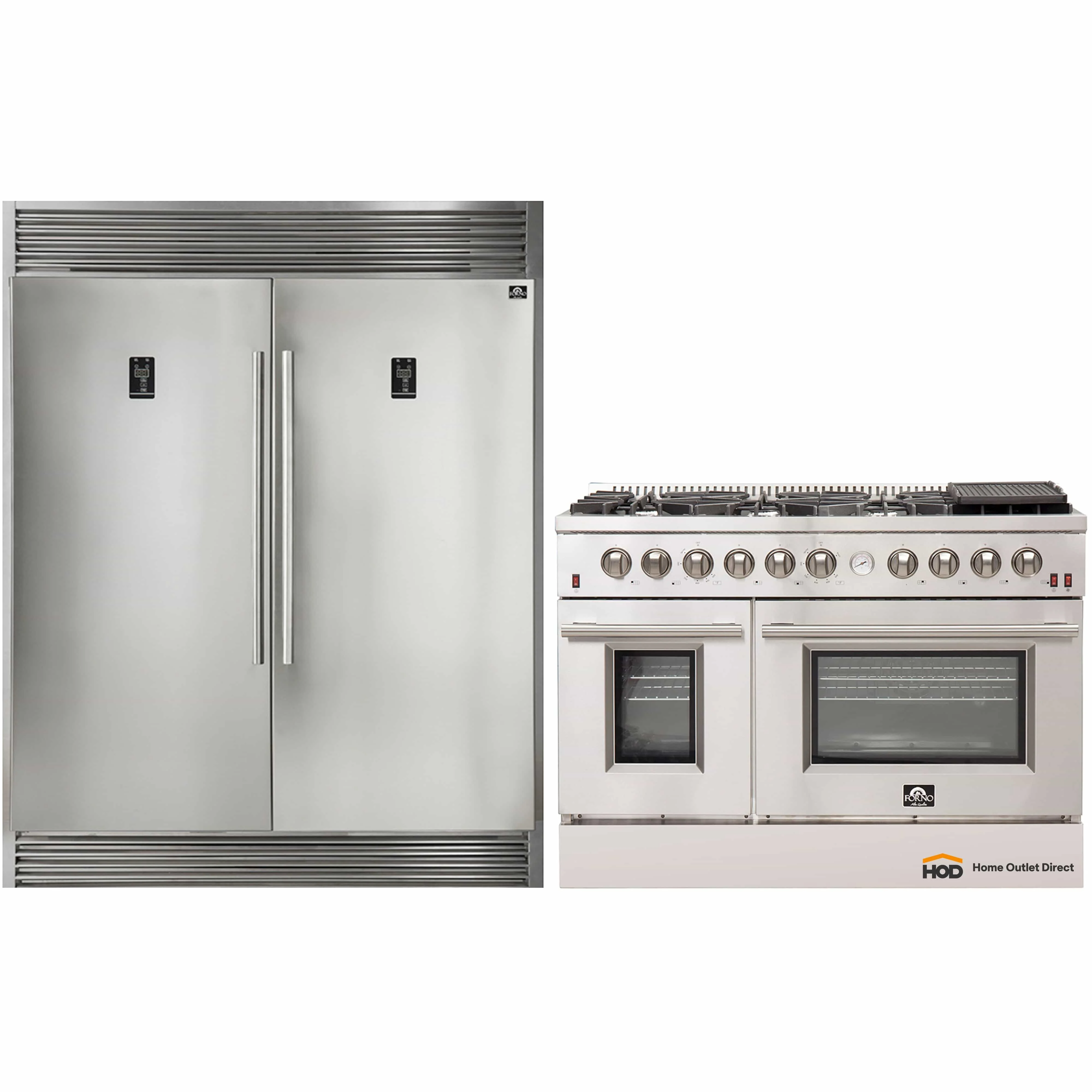 Forno 2-Piece Appliance Package - 48-Inch Gas Range with Air Fryer & 60-Inch Pro-Style Refrigerator in Stainless Steel