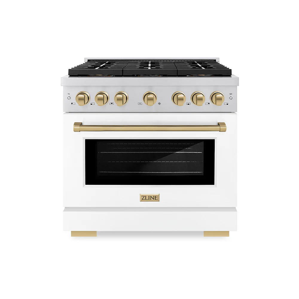 ZLINE Autograph Edition 36-Inch 5.2 cu. ft. Paramount Dual Fuel Range with 6 Burner DuoPro鈩?Cooktop and Electric Convection Oven with White Matte Door and Champagne Bronze Accents (PSDRZ-WM-36-CB)