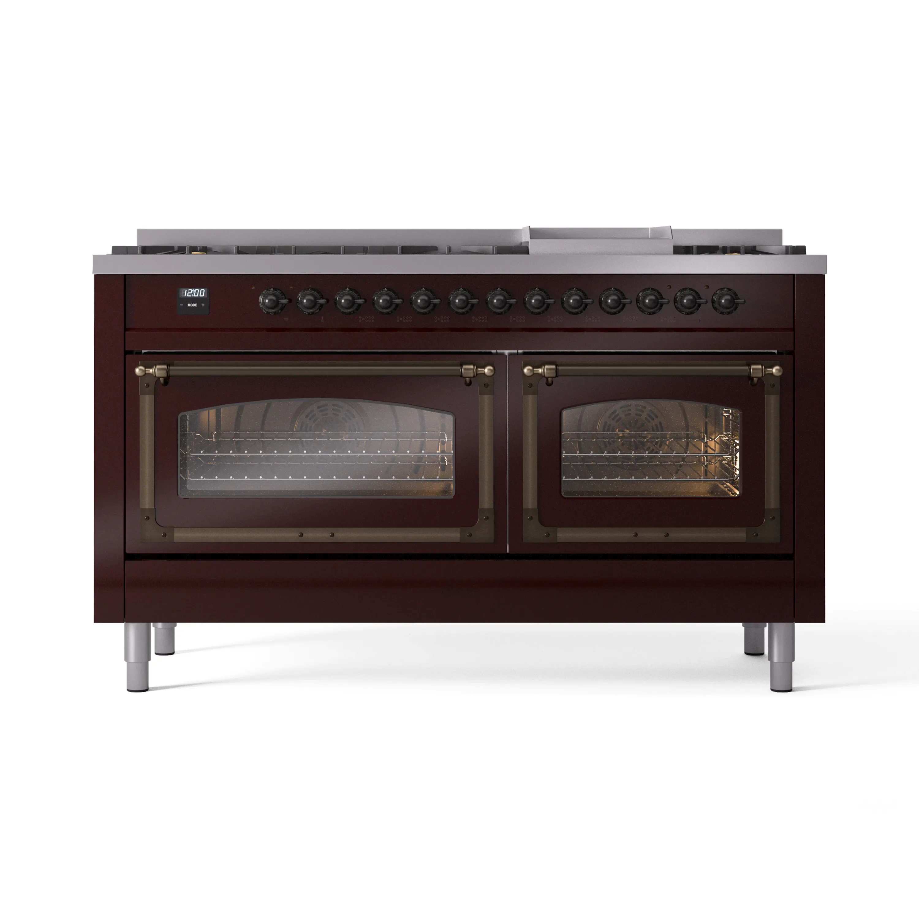 ILVE 60-Inch Nostalgie II Noblesse Dual Fuel Range with 9 Sealed Burners, Griddle, Triple Glass Door Oven in Burgundy with Bronze Trim (UN60FNMPBUB)