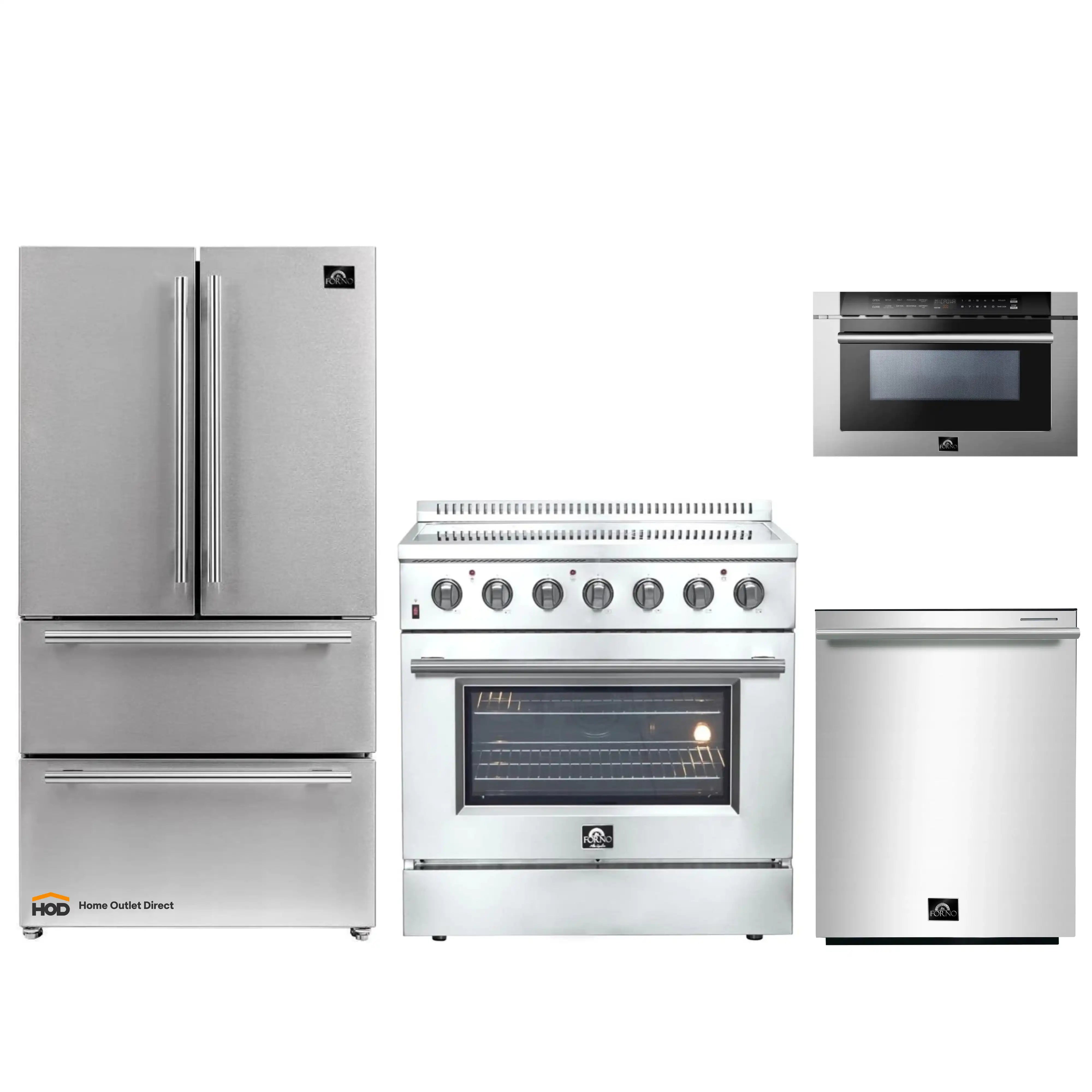 Forno 4-Piece Appliance Package - 36-Inch Electric Range, French Door Refrigerator, Dishwasher, and 24-Inch Microwave Drawer in Stainless Steel