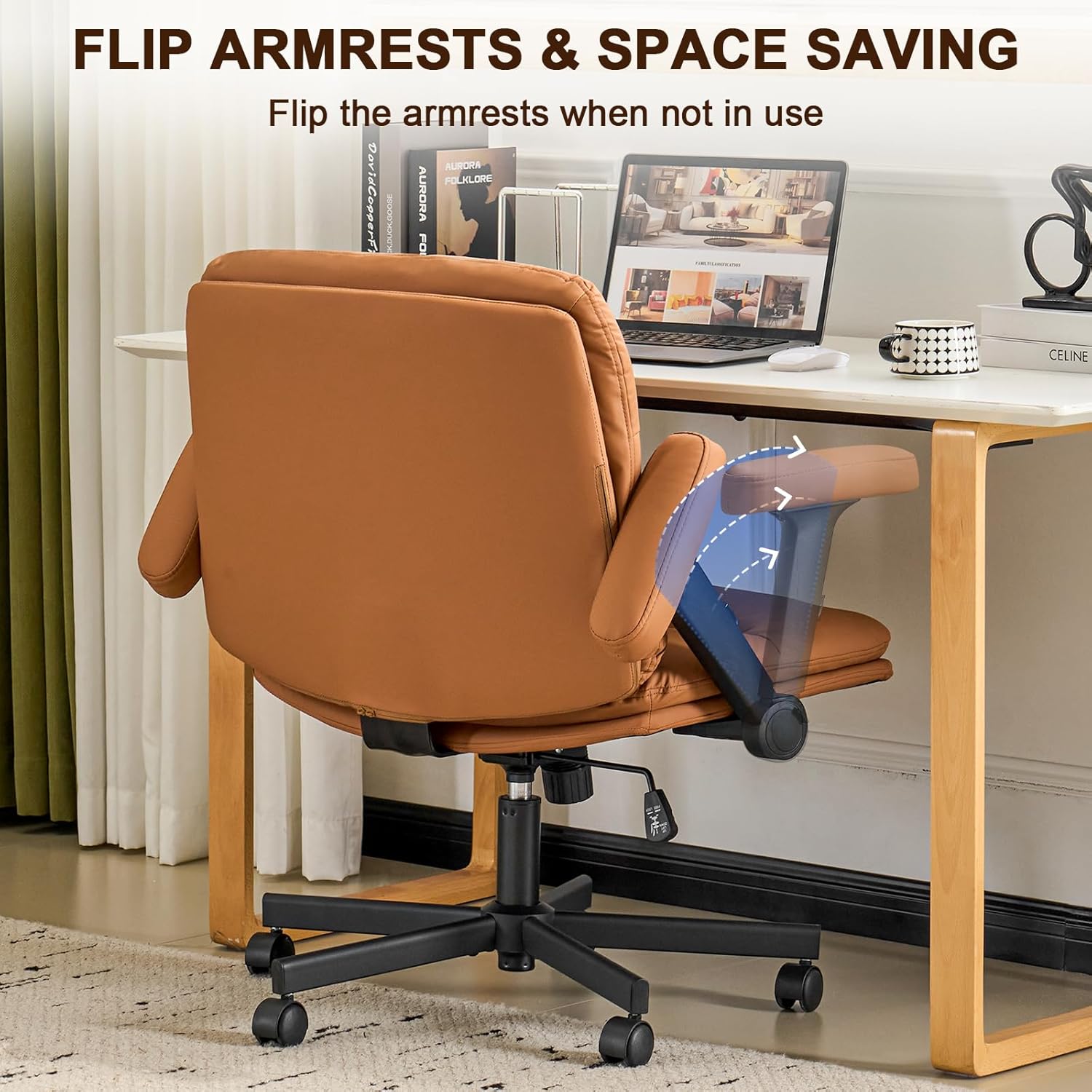 Furniliving Criss Cross Office Chair with Wheels and Flip-up Arms, Luxury Cat Scratch PU Leather Vanity Desk Chair, Upholstered Wide Cross Legged Chair for Home Office, Bedroom, Brown