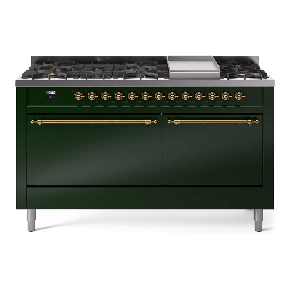ILVE 60-Inch Nostalgie II Dual Fuel Range with 9 Burners, Griddle, and Solid Door Oven in Emerald Green with Brass Trim (UP60FQNMPEGG)