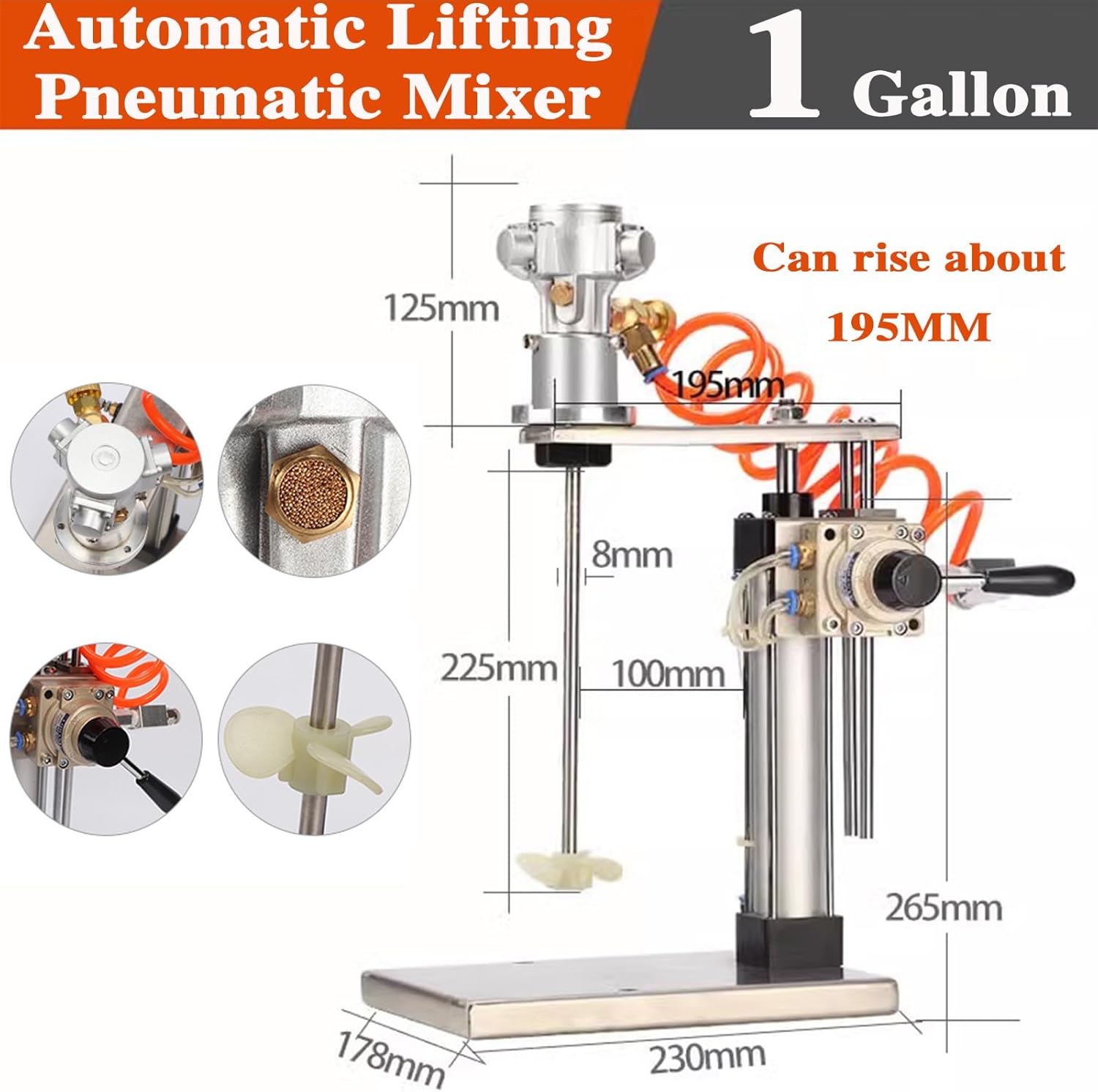 Pneumatic Mixer 1 Gallon Automatic Lift Air Agitator with Stand for Viscous Liquid Mixing - Ideal for Ink, Dye, and Chemicals - Desktop Vertical Coatings Machine