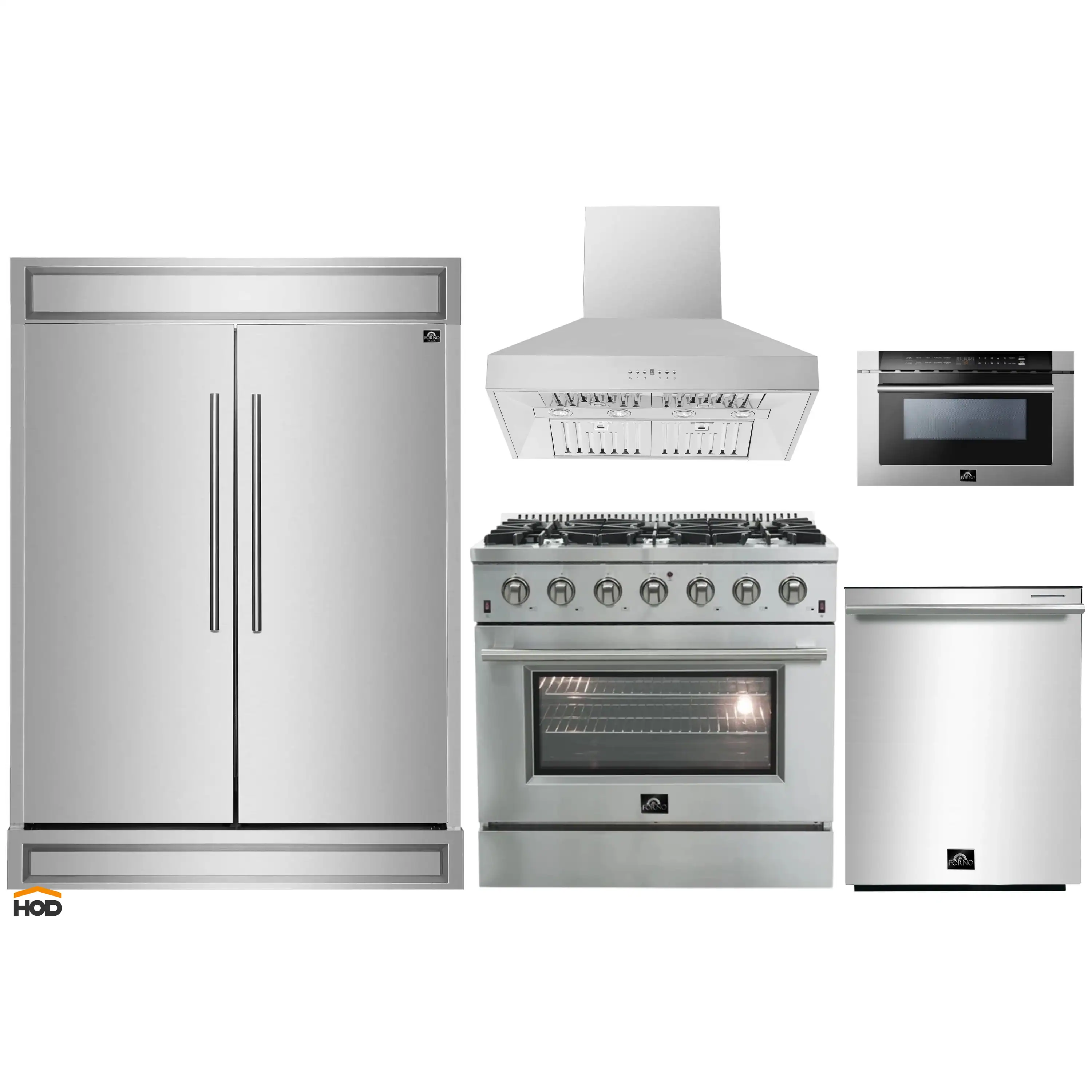 Forno 5-Piece Appliance Package - 36-Inch Gas Range, 60-Inch Refrigerator, Wall Mount Hood, 24-Inch Microwave Drawer, & Dishwasher in Stainless Steel