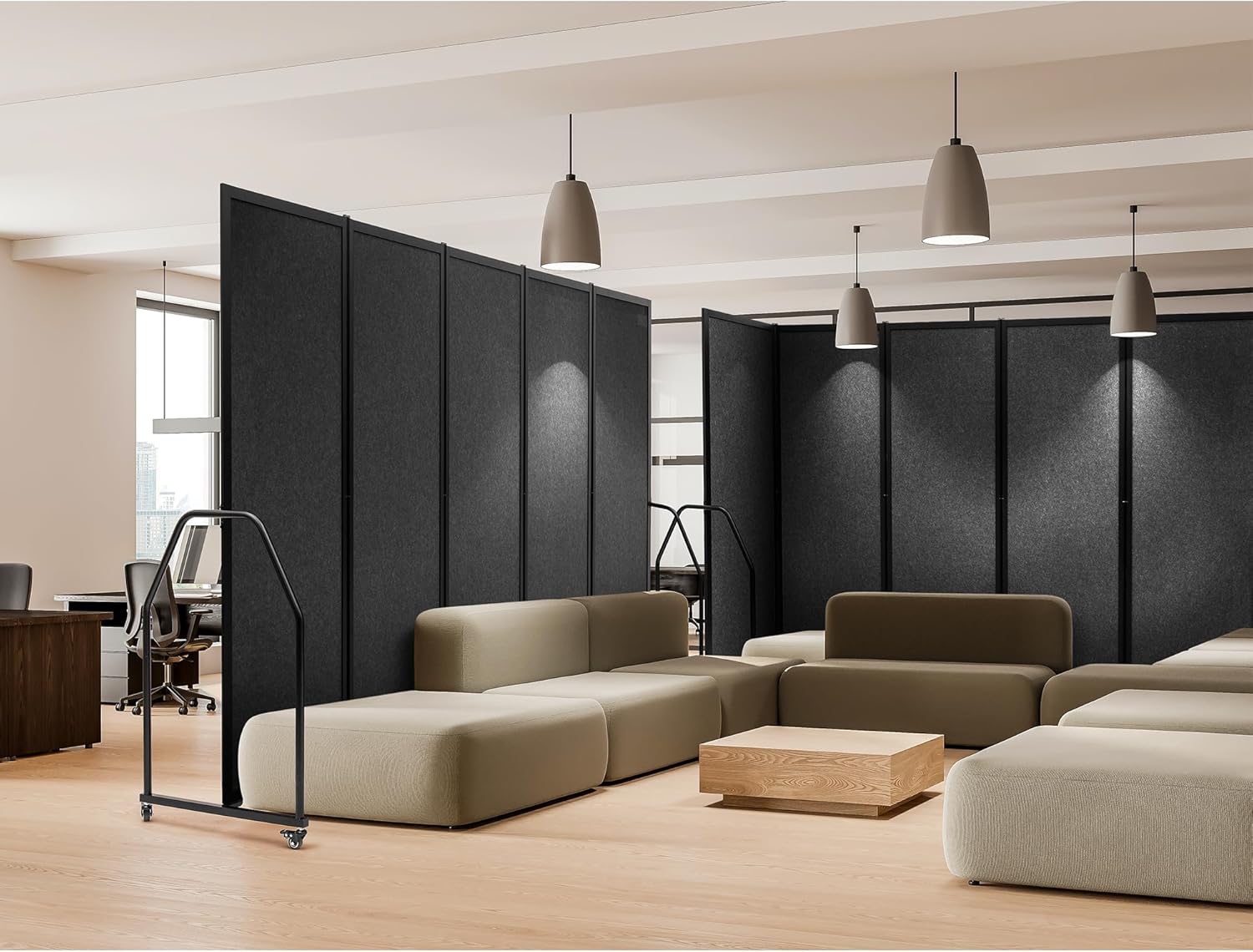 Folding Privacy Screens Freestanding partition with Wheels and arms Portable dividers for Medical Hospital Offices 5 Panel, Dark Gray