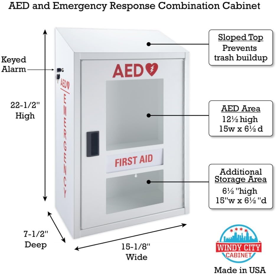 Automated External Defibrillator AED Cabinet with Alarm (9V Battery Not Included) & First Aid Kit Storage | Wall Mount Compatible, Steel | for Home, School, Business, Gym | AED Not Included