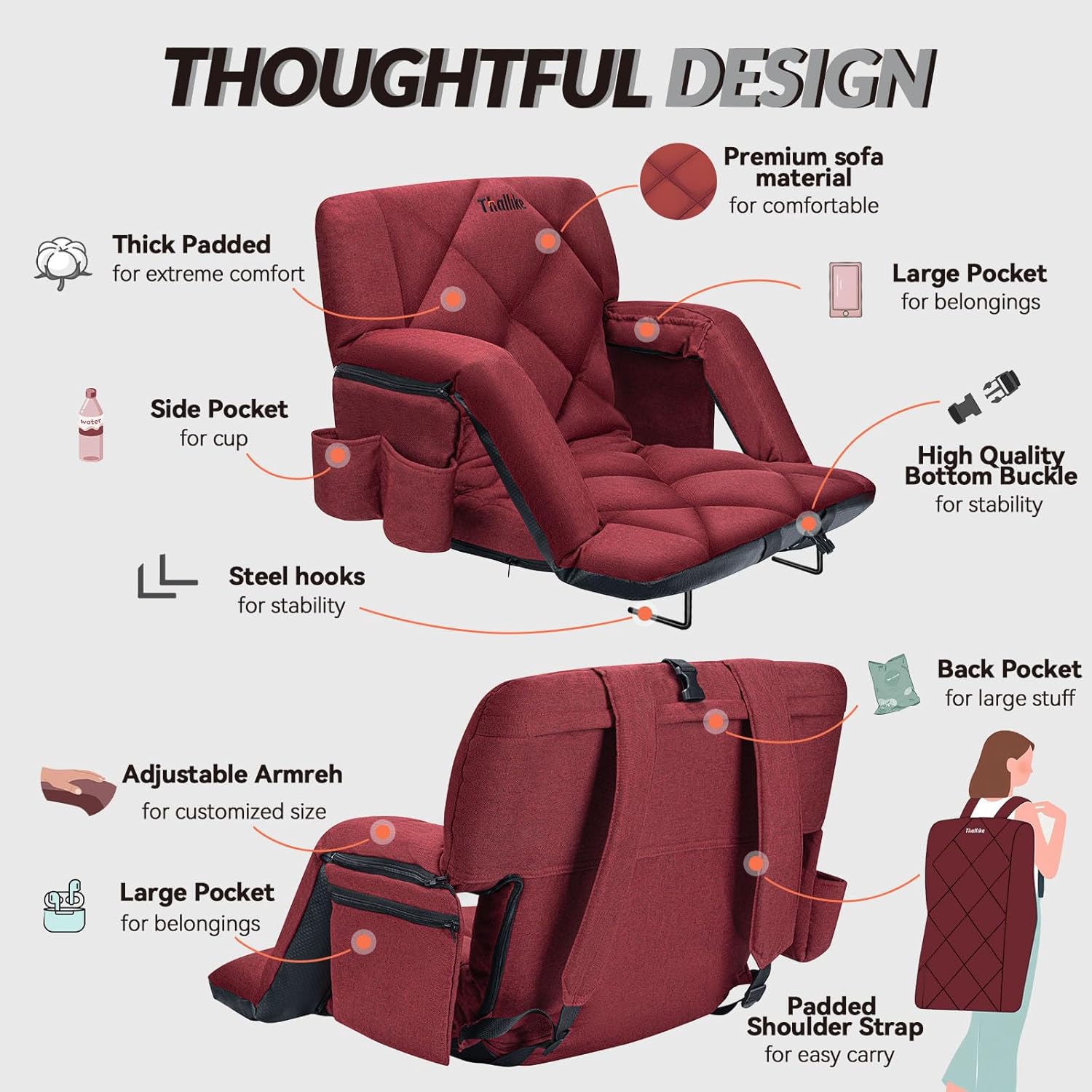 25inch Extra Wide Stadium Seat, Thick Bleacher Chair with Back Support and Cushion, 6 Reclining Positions Bleacher Seat with Armrest, Upgrade Sofa Style Stadium Chair for Sport Events and Outdoors