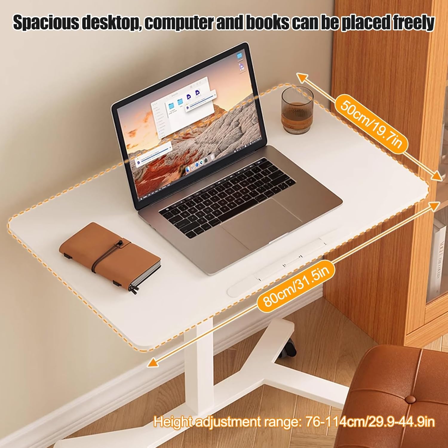 HARELA Adjustable Tilt Overbed Bedside Table with Wheels, Pneumatic Moveable Bed Desk Mobile Standing Stand Up Rolling Laptop Desks for Home Office Hospital Use