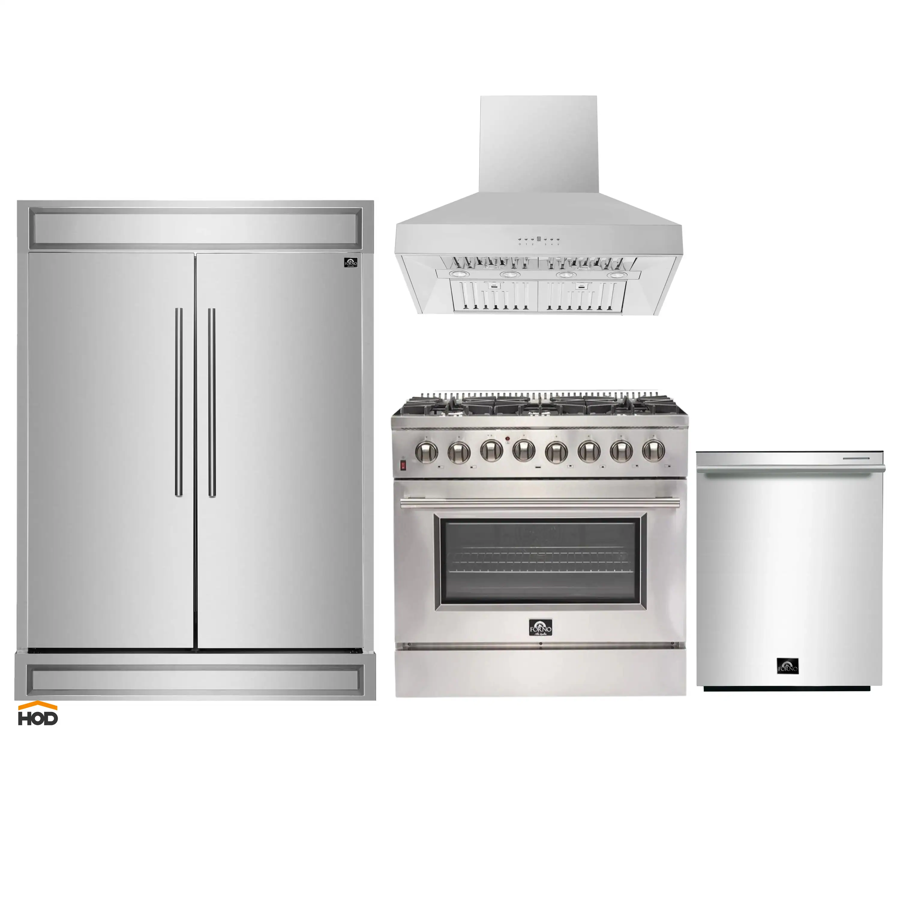 Forno 4-Piece Appliance Package - 36-Inch Dual Fuel Range, Refrigerator, Wall Mount Hood, & 3-Rack Dishwasher in Stainless Steel