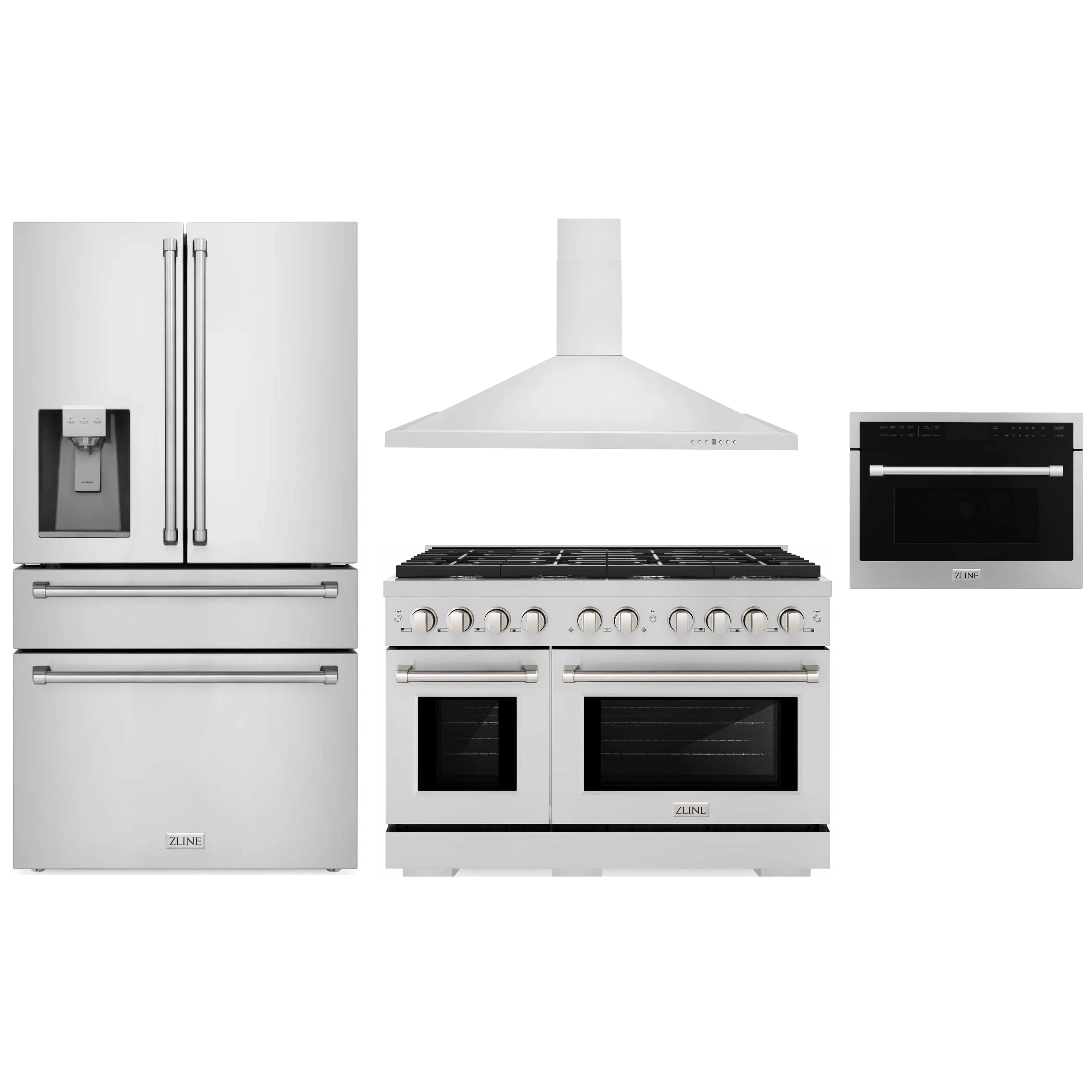 ZLINE 4-Piece Appliance Package - 48-Inch Gas Range, Refrigerator with Water Dispenser, Convertible Wall Mount Hood, and Microwave Oven in Stainless Steel (4KPRW-SGRRH48-MWO)