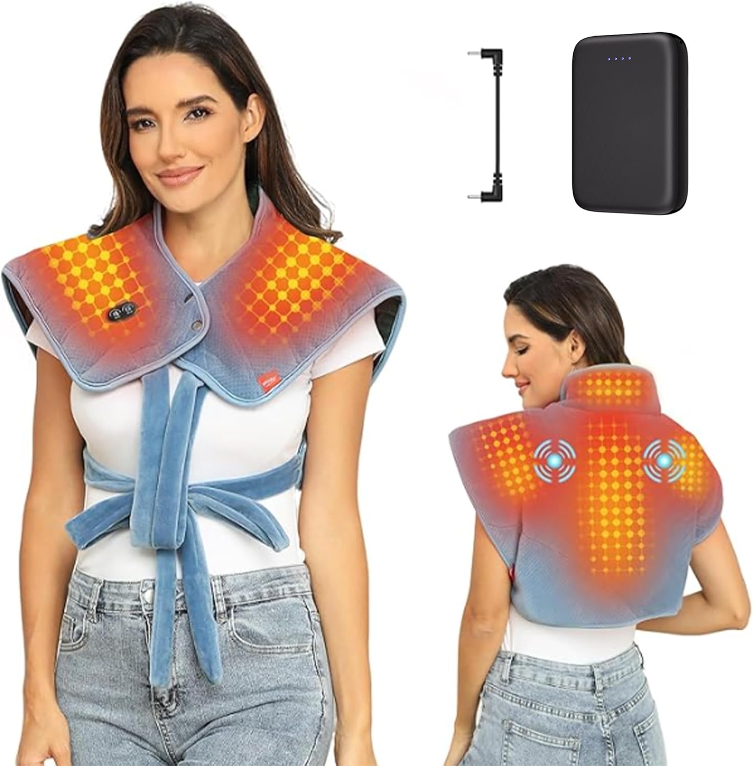 Heating Pad for Neck and Shoulders and Back with Battery,Portable Heated Pad with Vibration Massager and 3 Heating Modes,Weighted Electric Heat Pad,16.9'' x 23.6'' (Sky Blue)