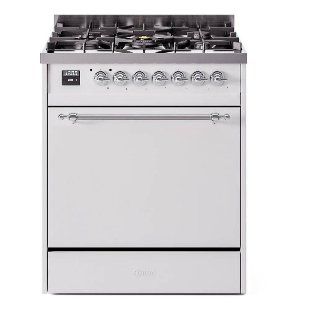 ILVE Nostalgie II 30-Inch Dual Fuel Range with Solid Door in White with Chrome Trim (UP30QNMPWHC)