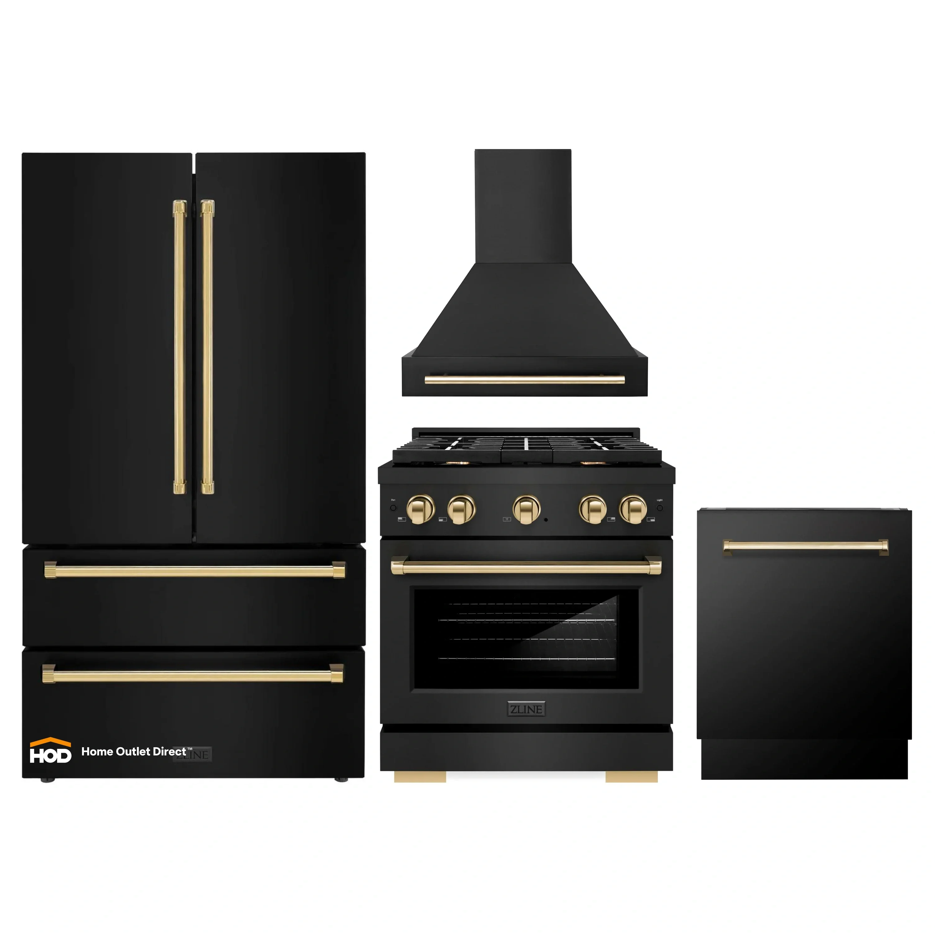 ZLINE Autograph Edition 4-Piece Appliance Package - 30-Inch Gas Range, Refrigerator, Wall Mounted Range Hood, & 24-Inch Tall Tub Dishwasher in Black Stainless Steel with Gold Trim (4AKPR-SGRBRHDWV30-G)
