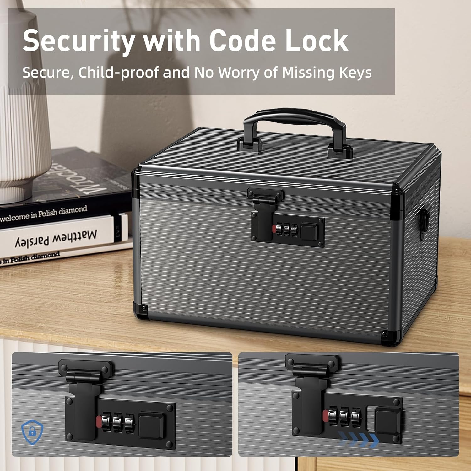 Medicine Lock Box with Code, Locking Medicine Box with Removable Tray & Pocket Bag, Portable First Aid Box for Home, 16 * 9.25 * 7.5 Inch (Black, X-Large-16inch)