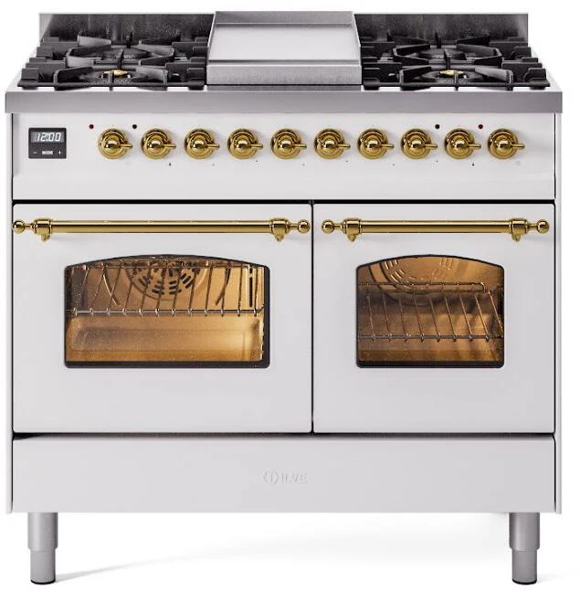 ILVE Nostalgie II 40-Inch Dual Fuel Freestanding Range in White with Brass Trim (UPD40FNMPWHG)