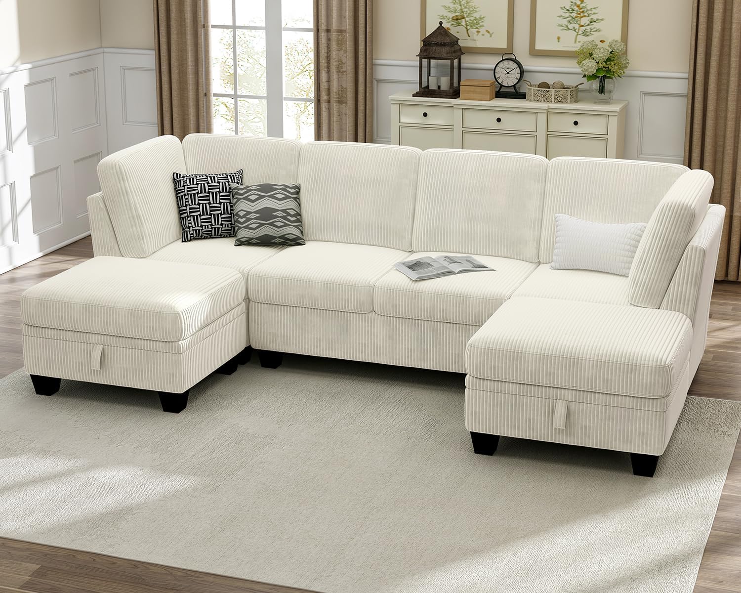 CHIC HOUSE Modular Sectional Couch - Corduroy Shaped Sleeper Sofa Bed with Storage Ottoman Armrest Neck Support Convertible Furniture for Living Room, Lounge (Beige, 6 Seater U-Shaped)