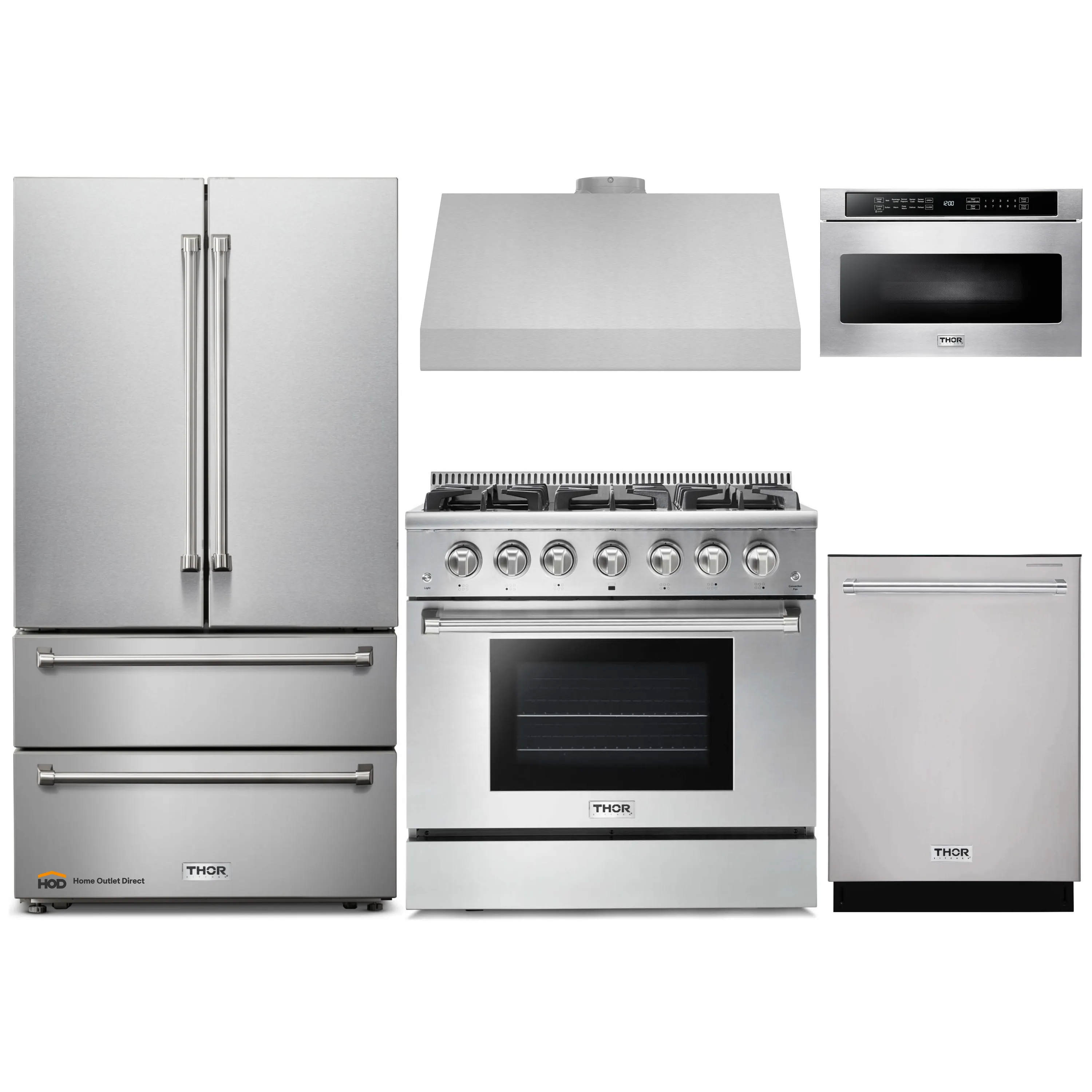 Thor Kitchen 5-Piece Pro Appliance Package - 36-Inch Gas Range, French Door Refrigerator, Under Cabinet Hood, Dishwasher, and Microwave Drawer in Stainless Steel