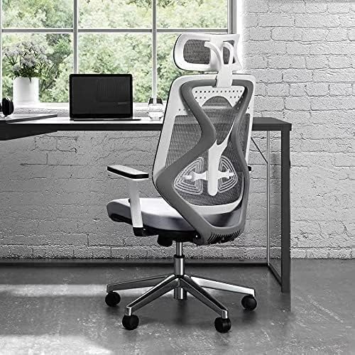 Breathable Mesh Office Chair, High Back Desk Chair with Armrest, and Headrest, Executive Chair Adjustable Lumbar Support Computer Chair (White+Grey