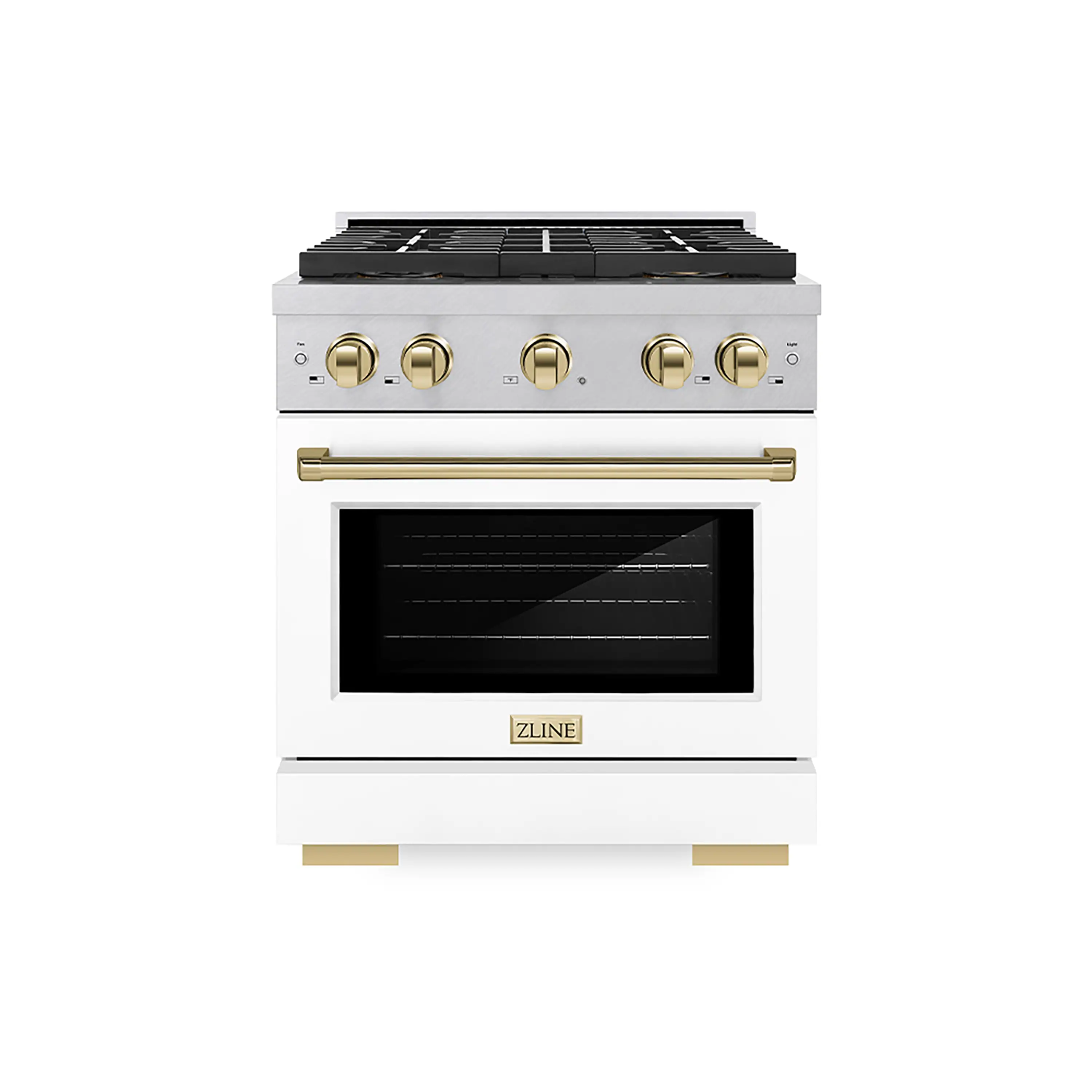 ZLINE Autograph Edition 30-Inch 4.2 cu. ft. Paramount Gas Range with 4 Burner DuoPro鈩?Cooktop and Convection Gas Oven in Satin Stainless Steel with White Matte Door and Polished Gold Accents (PSGRSZ-WM-30-G)
