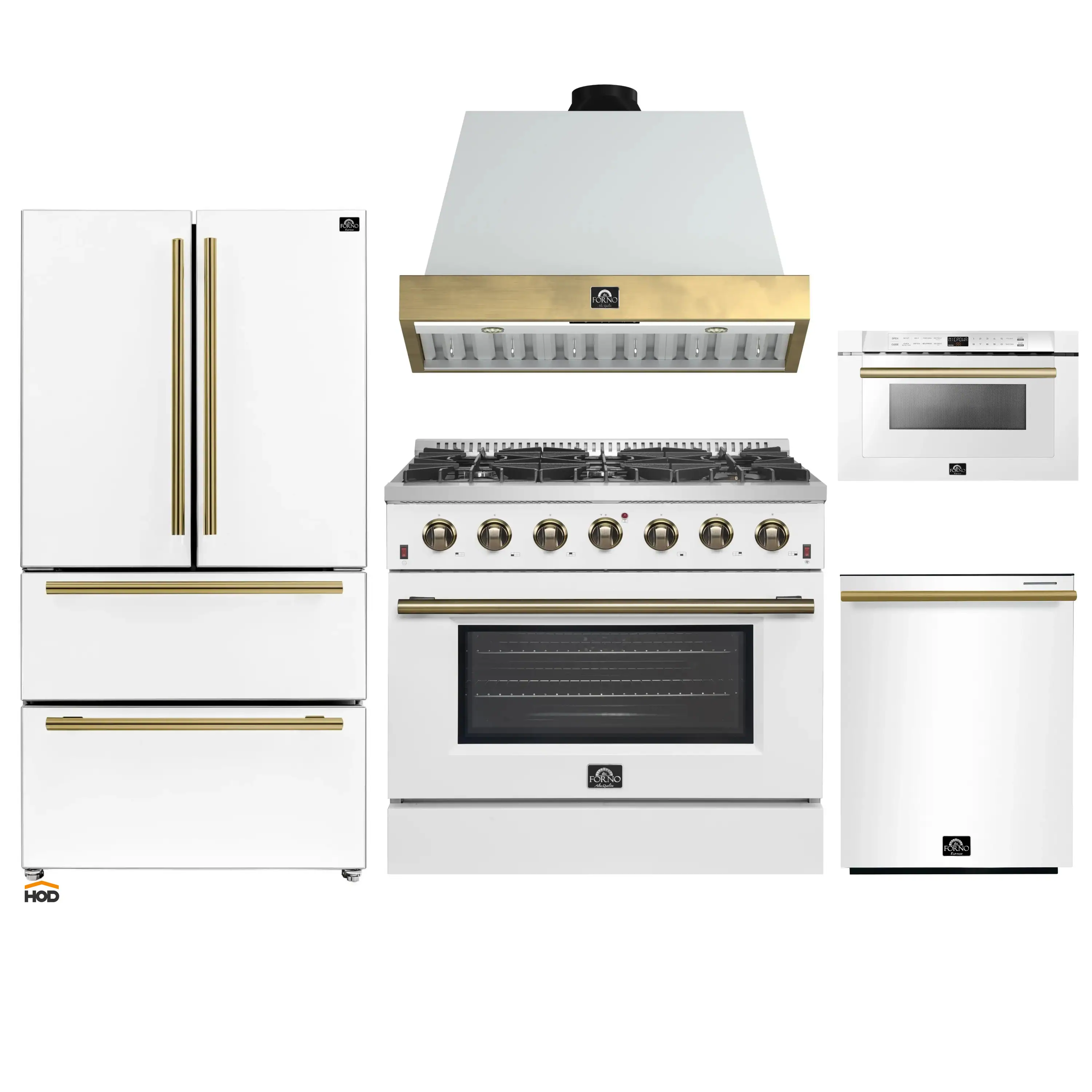 Forno Galiano 5-Piece Appliance Package - 36-Inch Gas Range, 36-Inch Hood, 36-Inch Refrigerator, 24-Inch Dishwasher, & 24-Inch Microwave Drawer in White with Antique Brass Trim