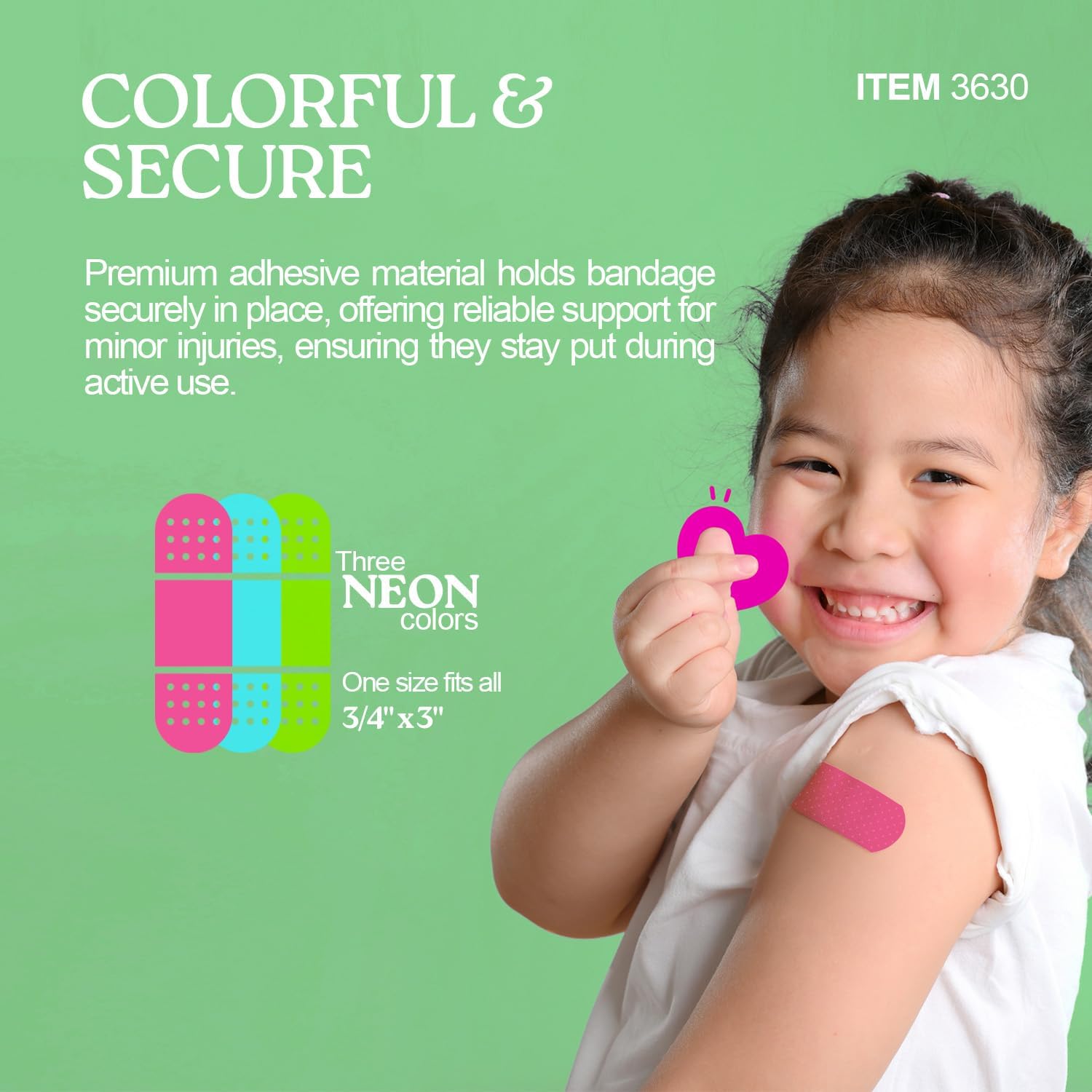 Dynarex Neon Colorful Plastic Adhesive Bandages - Blue, Green, Pink - Water-Resistant and Sterile, Non-Stick Pad First Aid - 3/4