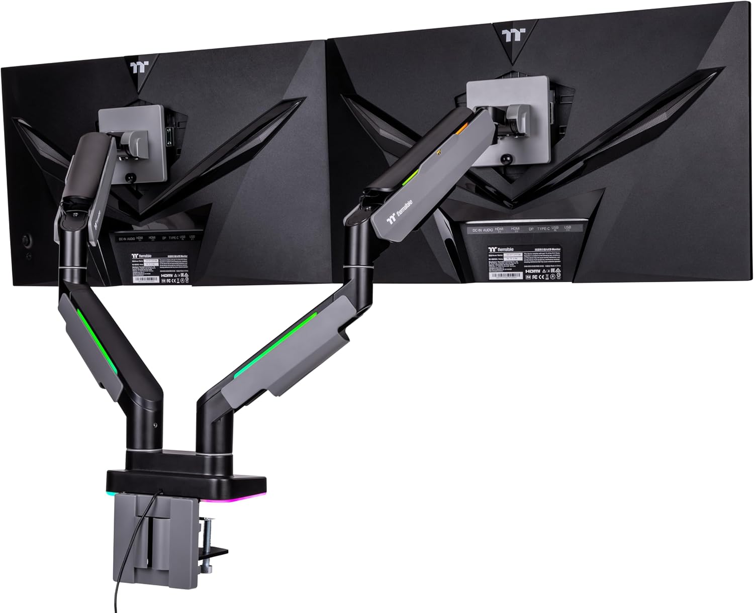 Thermaltake Dual Heavy Duty RGB Monitor Arm for up to 2 x 35 inchs and 2 x 44 lbs Screen, 100 x 100 mm VESA Compatible, Wide Rage Movements, GEA-MSR-DMSBLK-01