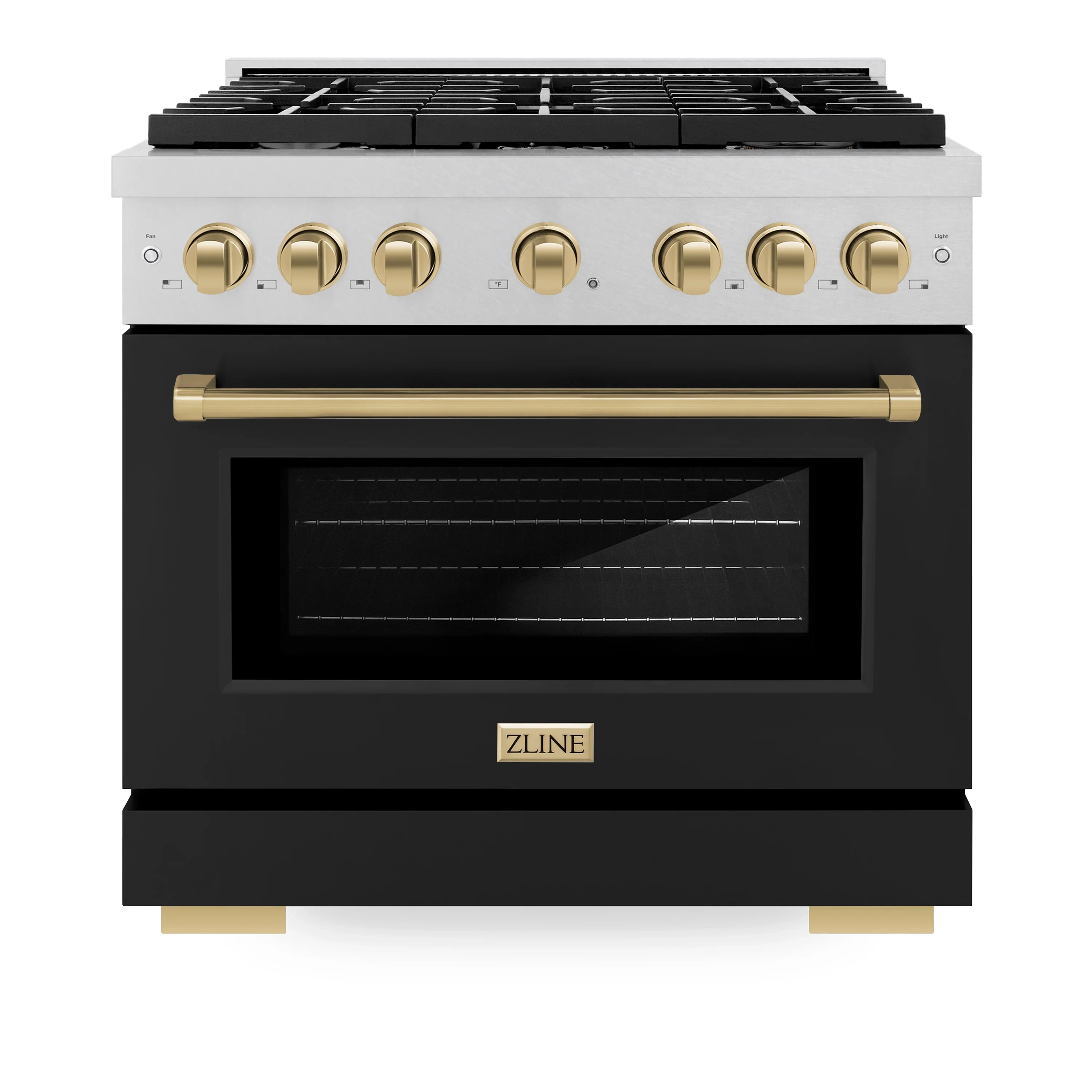 ZLINE Autograph Edition 36-Inch Paramount Gas Range with Convection Oven in Fingerprint Resistant Satin Stainless Steel with Black Matte Door and Champagne Bronze Accents (SGRSZ-BLM-36-CB)