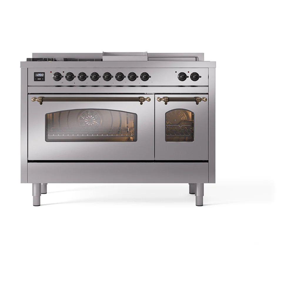 ILVE Nostalgie II 48-Inch Dual Fuel Range with 5 Burners, Griddle, & French Top with Triple Glass Door Oven in Stainless Steel with Bronze Trim (UP48FSNMPSSB)