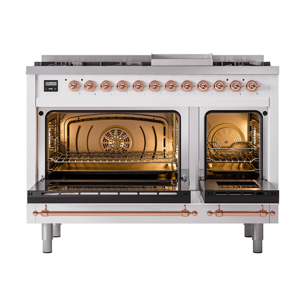 ILVE 48-Inch Nostalgie II Dual Fuel Range with 8 Burners, Griddle, and Solid Door Oven in White with Copper Trim (UP48FQNMPWHP)