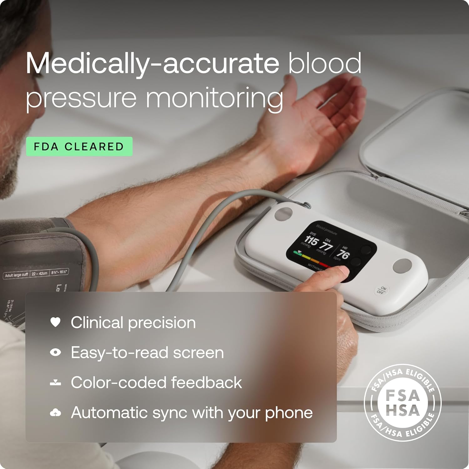 Withings BPM Vision – Smart Arm Blood Pressure Monitor | FDA-Cleared | Easy-to-use, Accurate Systolic & Diastolic Measurements, Wide Range Cuff | Wi-Fi & Bluetooth | iOS & Android | FSA/HSA