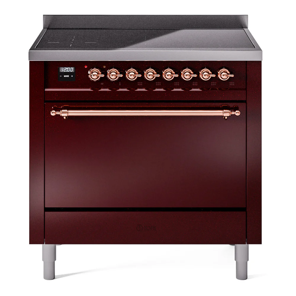 ILVE 36-Inch Nostalgie II Induction Range with Solid Door Oven in Burgundy with Copper Trim (UPI366QNMPBUP)